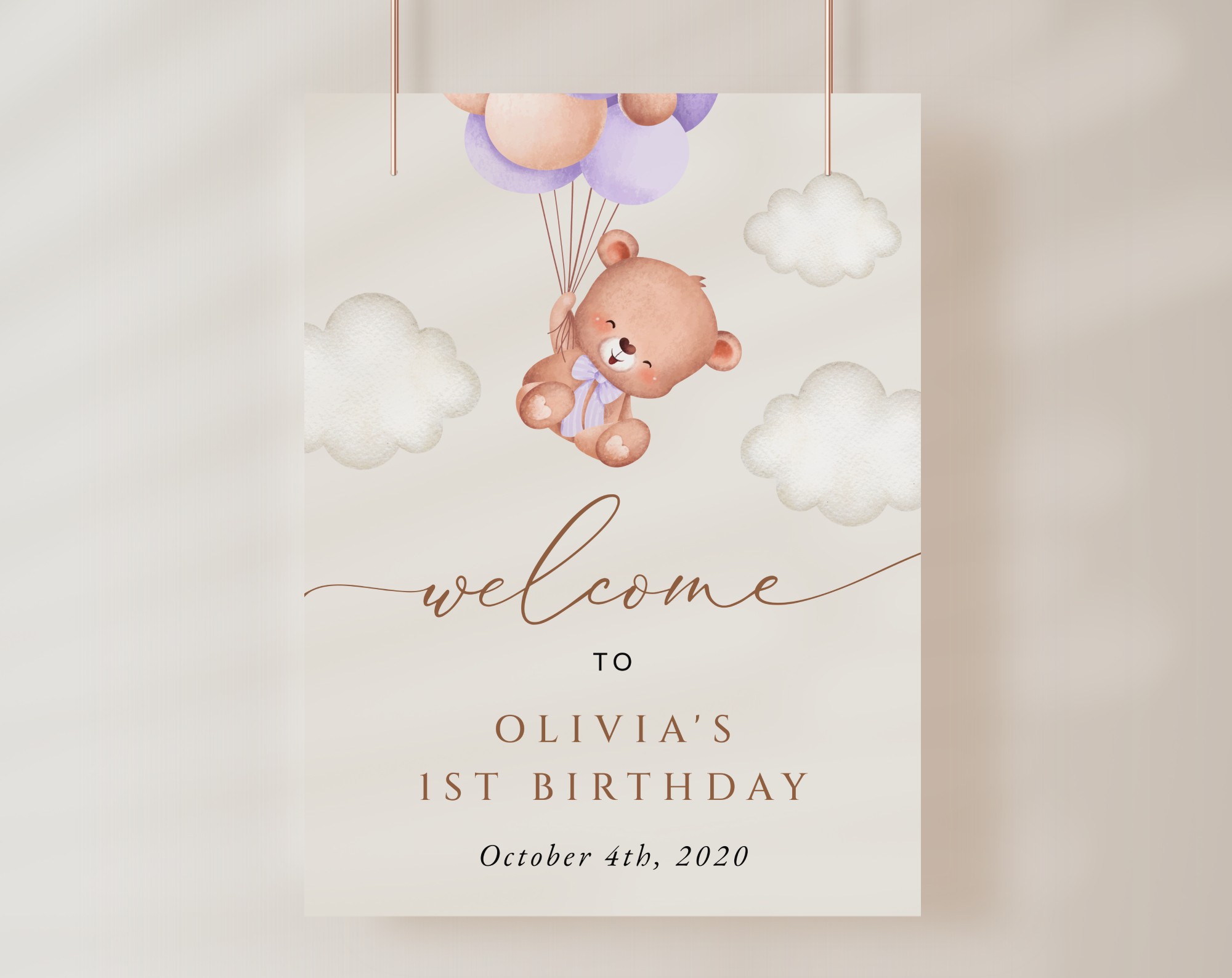 Baby Bear with Purple Balloons Welcome Sign, Birthday Sign, First Birthday, Girl Birthday, Printable File, Edit Yourself, SH75 Baby Bear with Purple Balloons Welcome Sign, Birthday Sign, First Birthday, Girl Birthday, Printable File, Edit Yourself, SH75