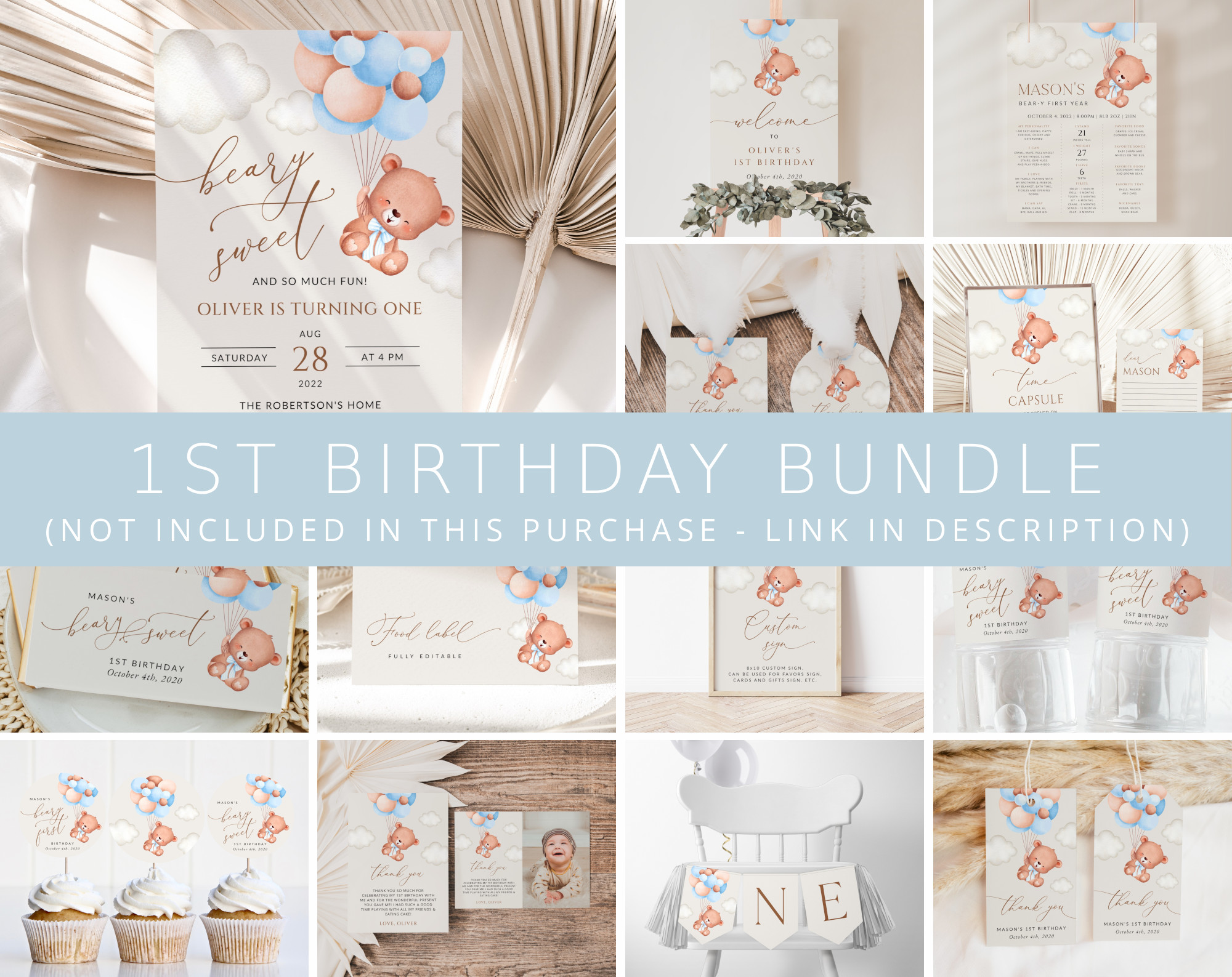 Baby Bear with Blue Balloons First Birthday Bundle, Boy Birthday, Printable File, Edit Yourself, SH76 Baby Bear with Blue Balloons First Birthday Bundle, Boy Birthday, Printable File, Edit Yourself, SH76