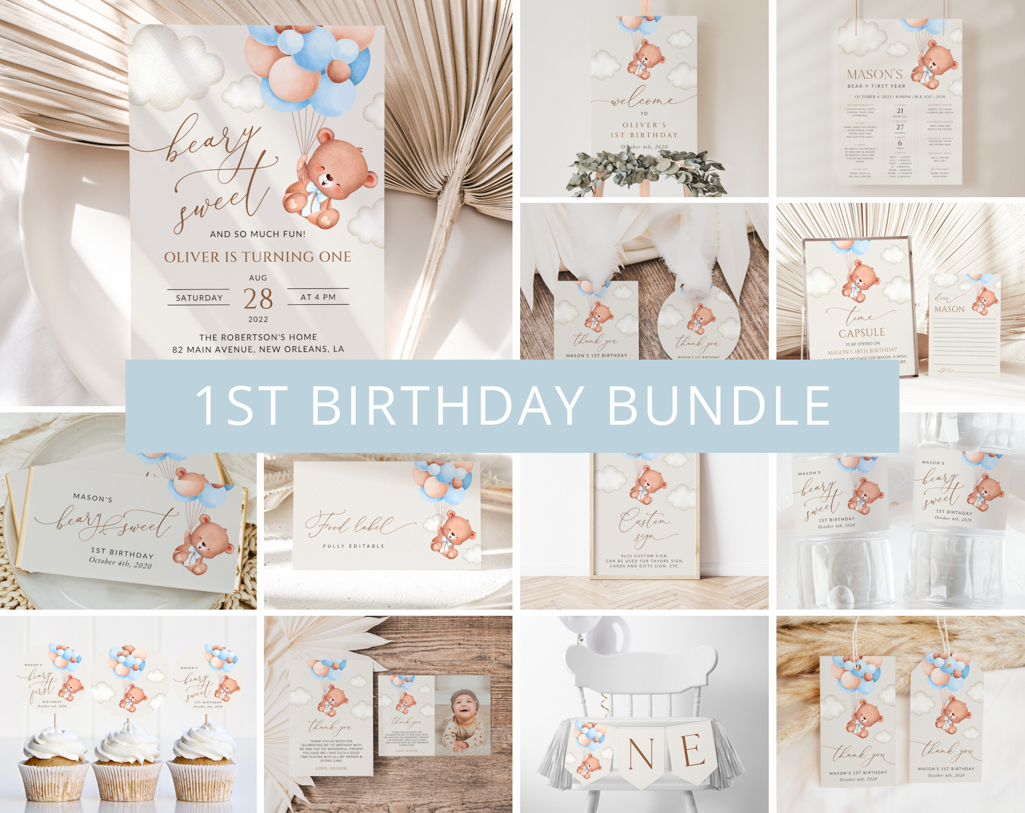 Baby Bear with Blue Balloons First Birthday Bundle, Boy Birthday, Printable File, Edit Yourself, SH76 Baby Bear with Blue Balloons First Birthday Bundle, Boy Birthday, Printable File, Edit Yourself, SH76