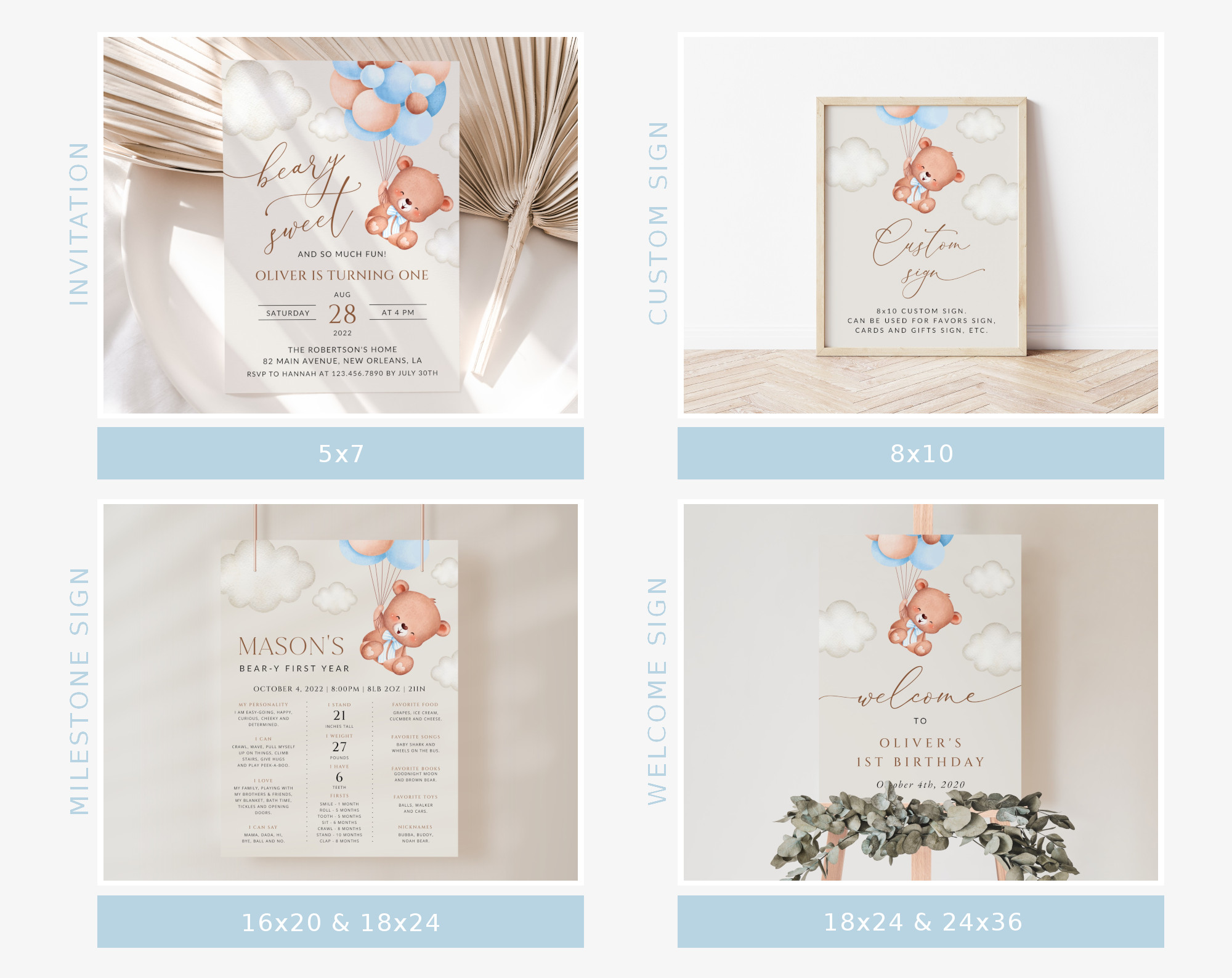 Baby Bear with Blue Balloons First Birthday Bundle, Boy Birthday, Printable File, Edit Yourself, SH76 Baby Bear with Blue Balloons First Birthday Bundle, Boy Birthday, Printable File, Edit Yourself, SH76