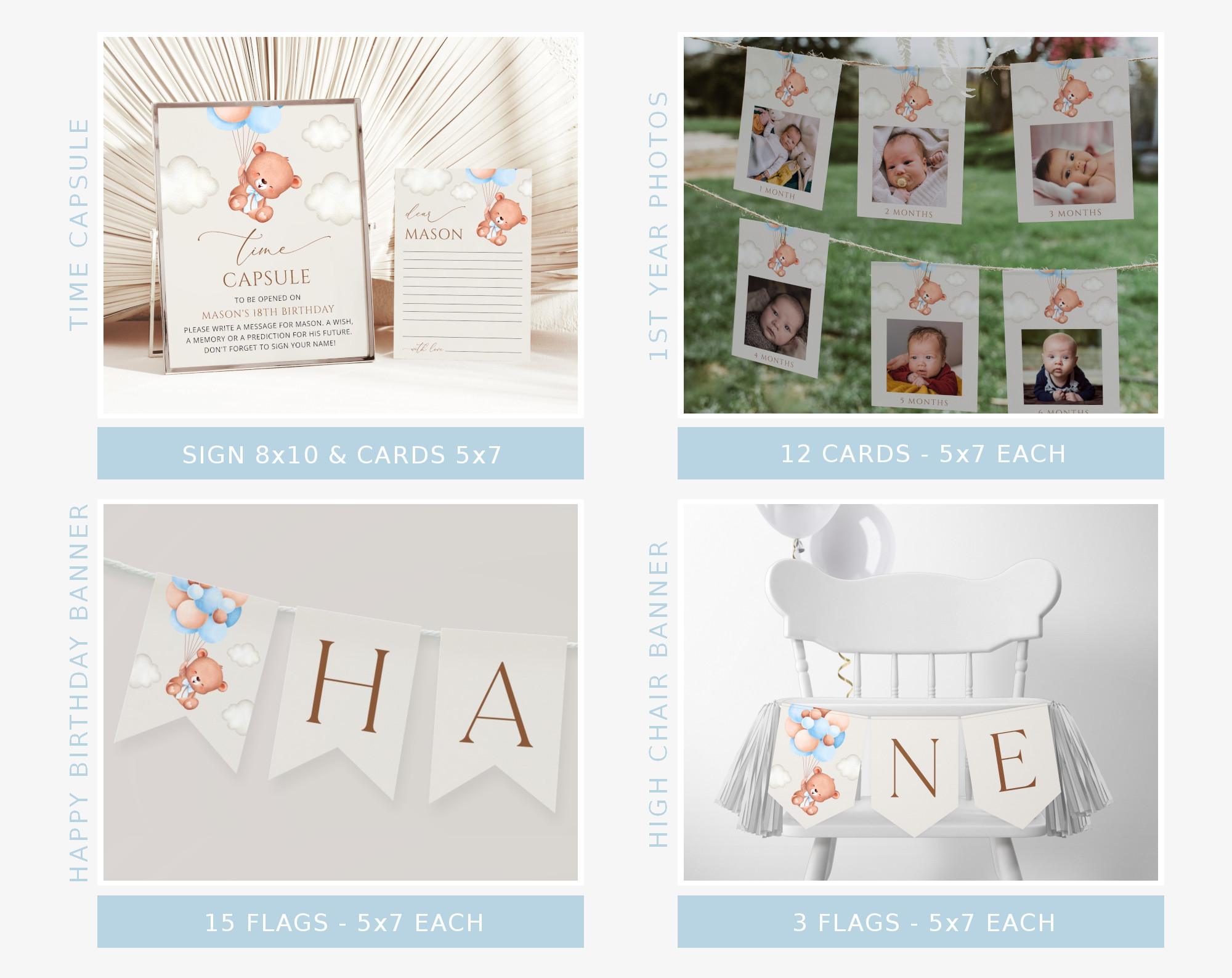 Baby Bear with Blue Balloons First Birthday Bundle, Boy Birthday, Printable File, Edit Yourself, SH76 Baby Bear with Blue Balloons First Birthday Bundle, Boy Birthday, Printable File, Edit Yourself, SH76