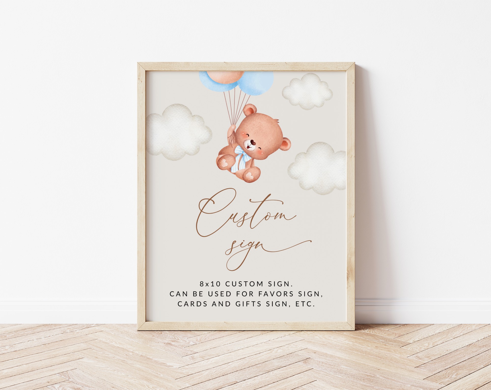 Baby Bear with Blue Balloons Custom Sign, Birthday Sign, First Birthday, Boy Birthday, Printable File, Edit Yourself, SH76