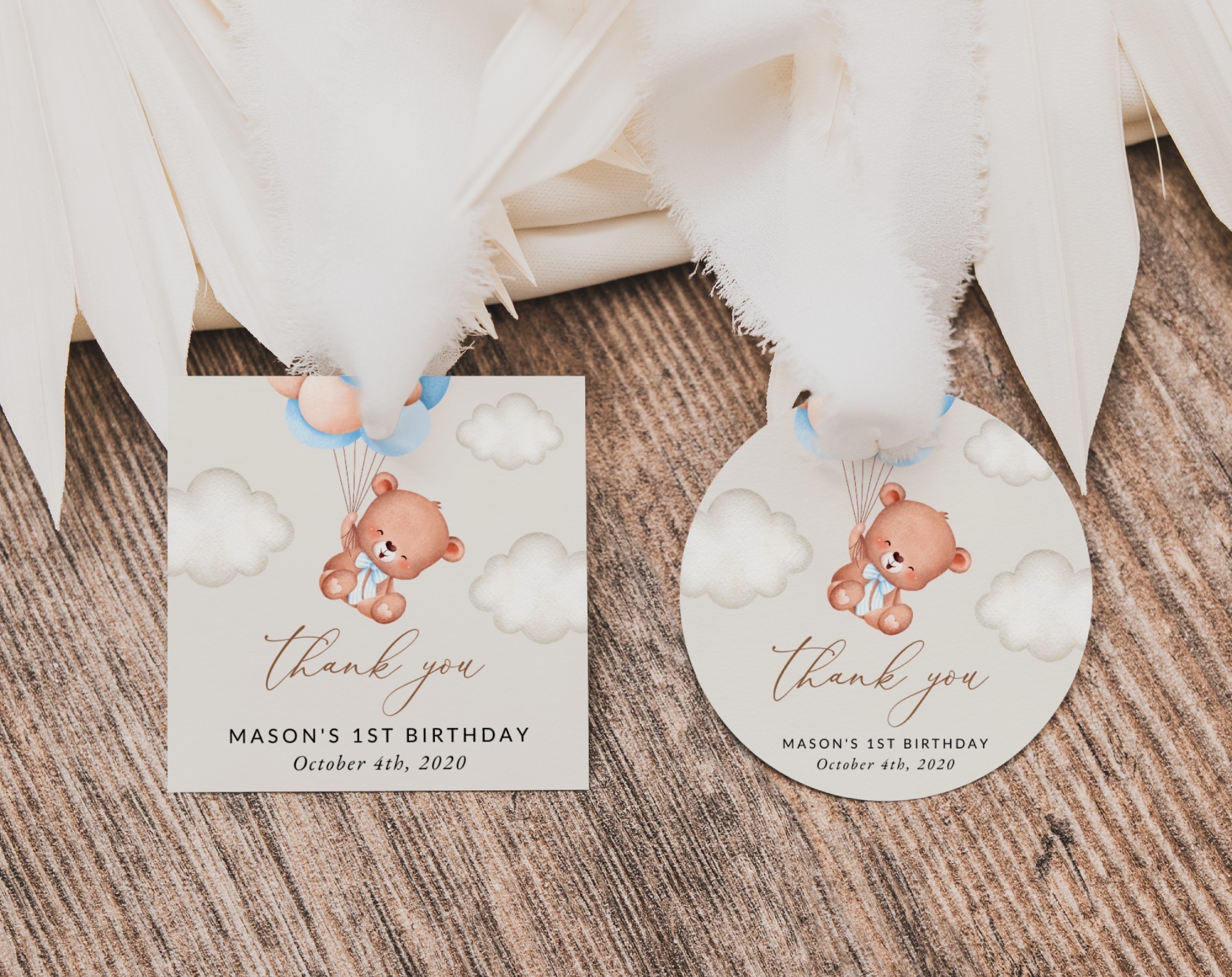 Baby Bear with Blue Balloons Favor Tags, Gift Tags, First Birthday, Boy Birthday, Printable File, Edit Yourself, SH76