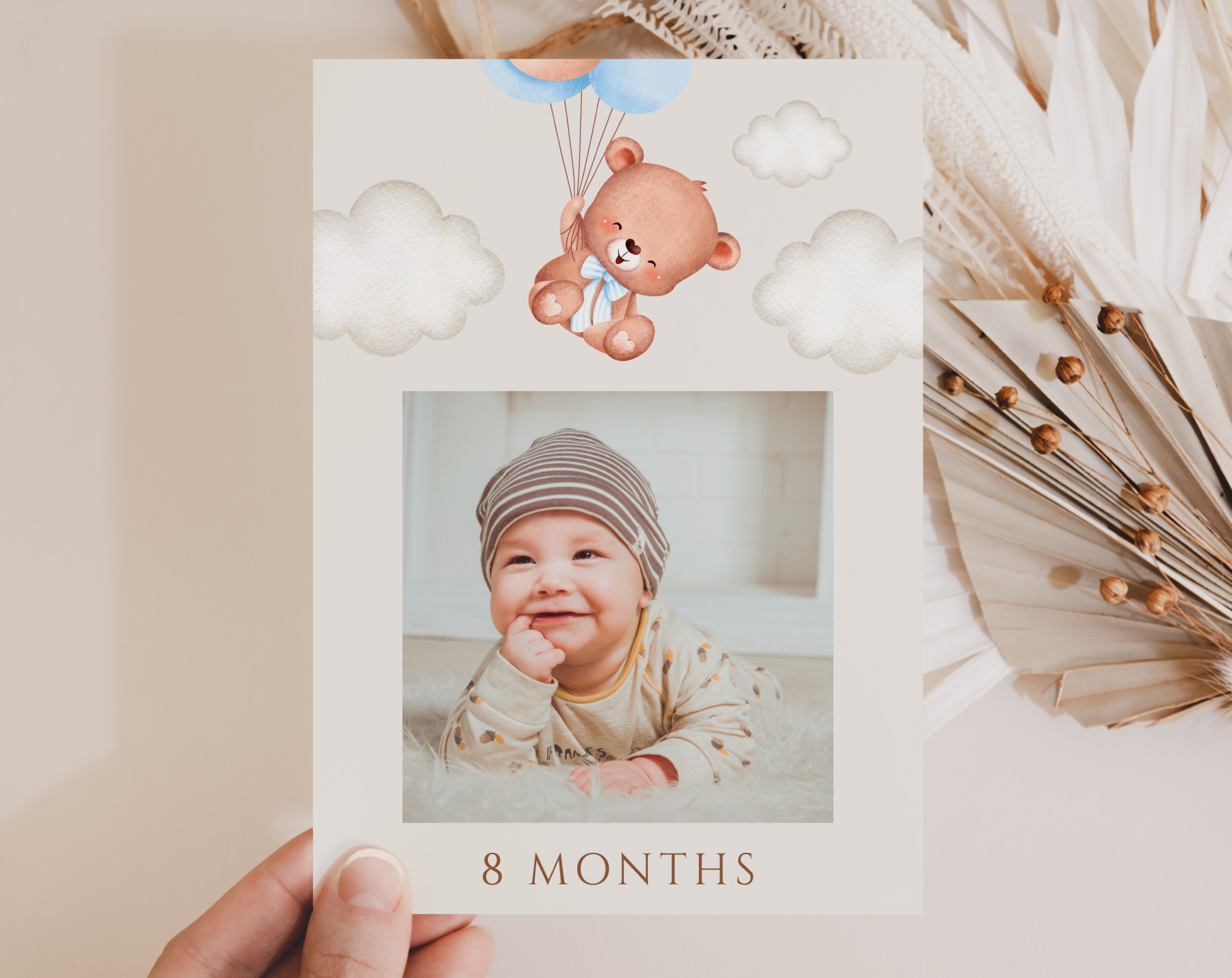 Baby Bear with Blue Balloons First Year Photos, First Birthday, Boy Birthday, Printable File, Edit Yourself, SH76
