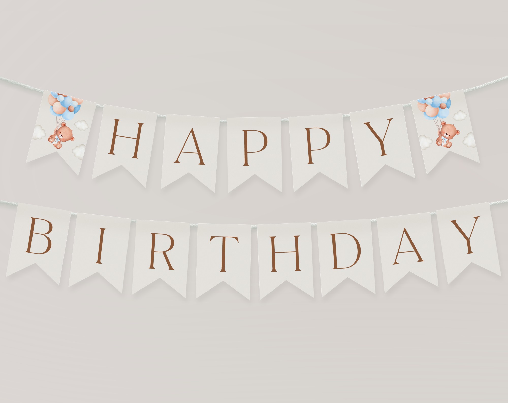 Baby Bear with Blue Balloons Happy Birthday Banner, First Birthday, Boy Birthday, Printable File, Edit Yourself, SH76
