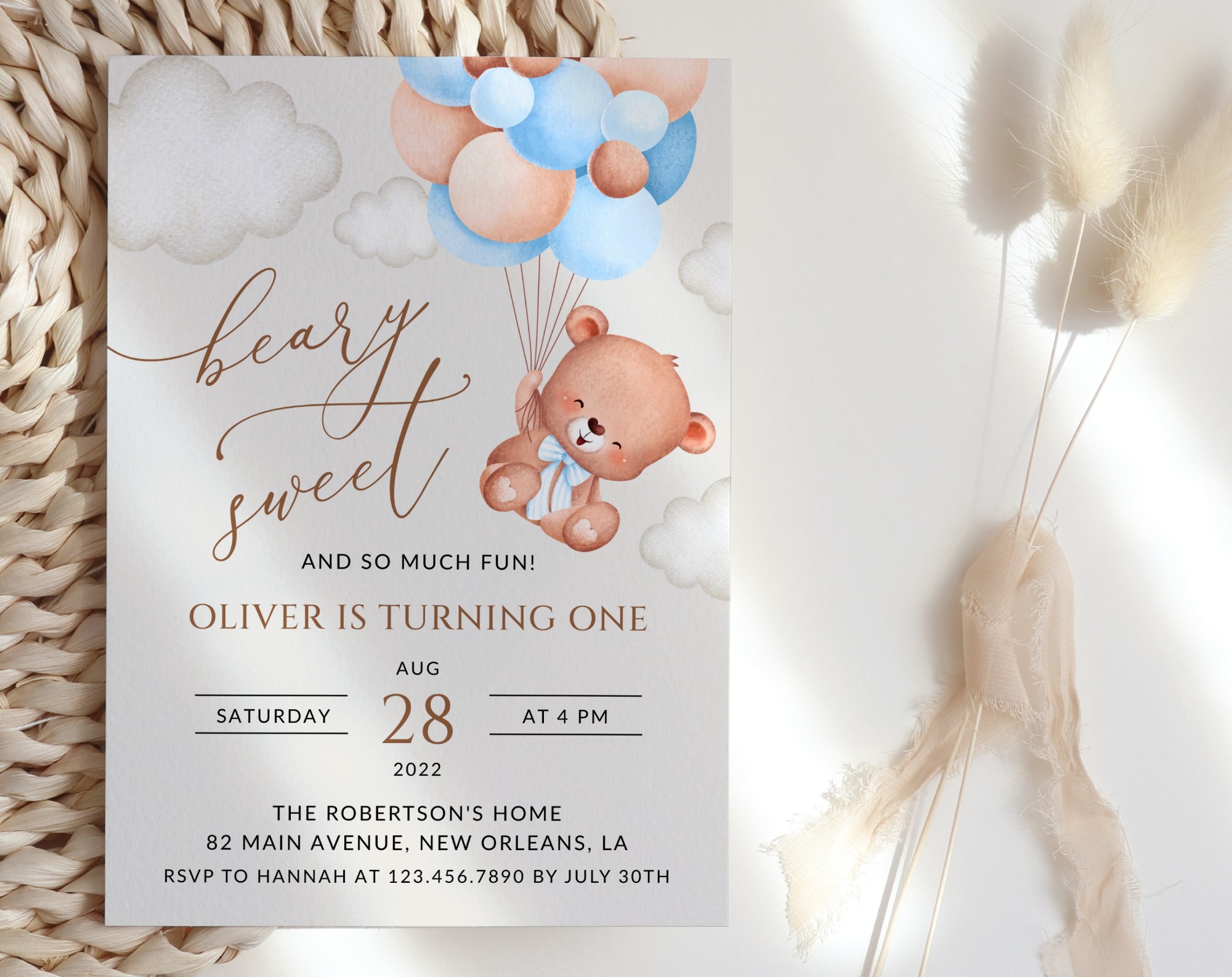 Baby Bear with Blue Balloons First Birthday Invitation, Birthday Stationery, Boy Birthday, Printable File, Edit Yourself, SH76