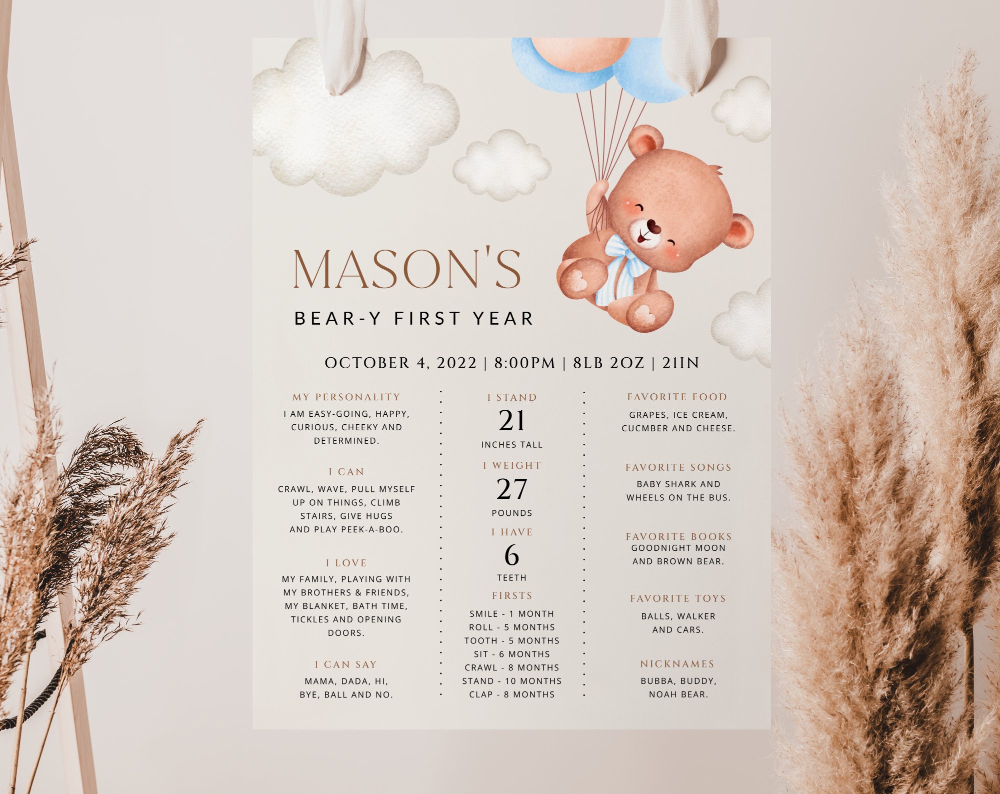 Bear Bear with Blue Balloons Milestone Sign, Birthday Sign, First Birthday, Boy Birthday, Printable File, Edit Yourself, SH76 Bear Bear with Blue Balloons Milestone Sign, Birthday Sign, First Birthday, Boy Birthday, Printable File, Edit Yourself, SH76