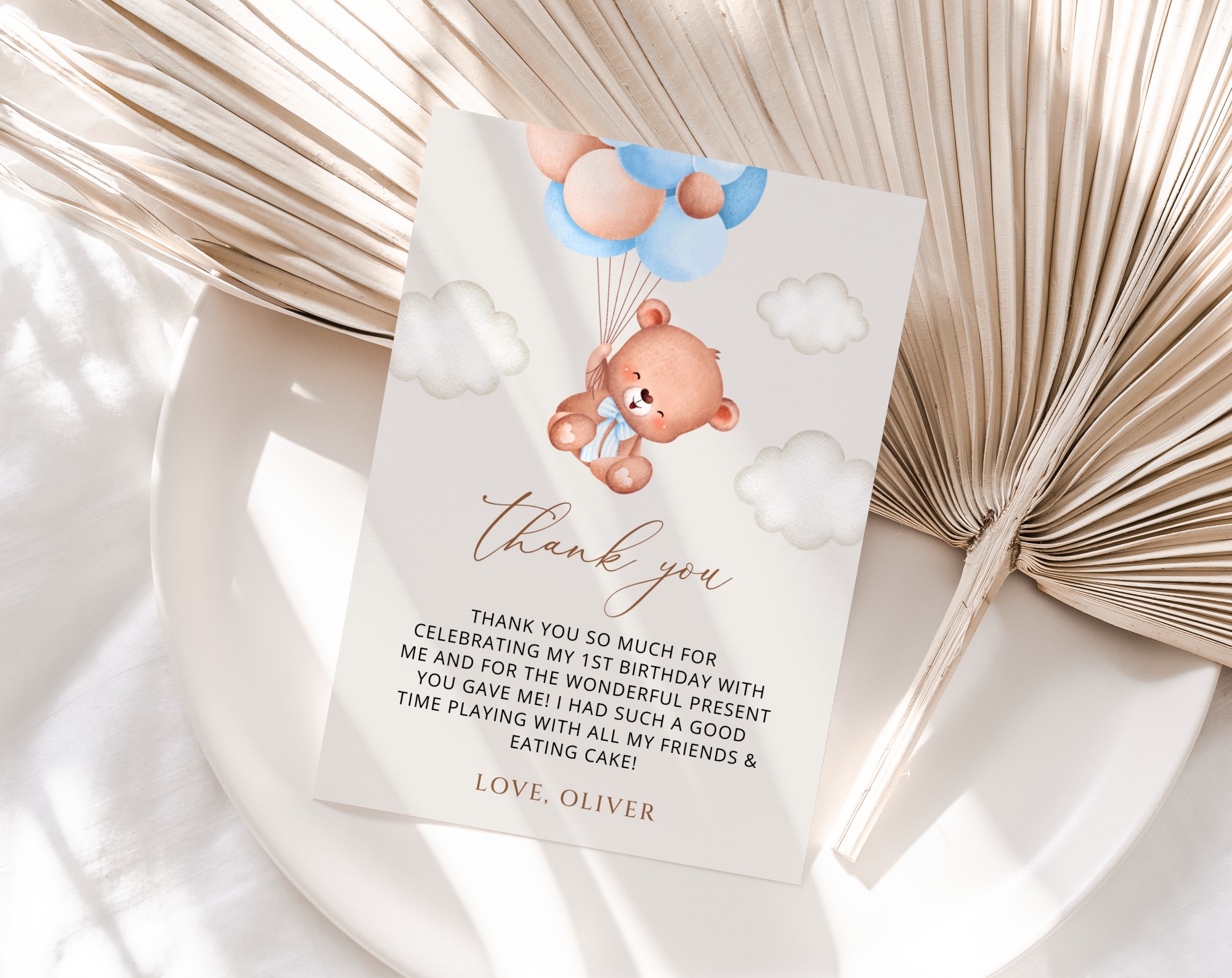 Baby Bear with Blue Balloons Thank You Card, First Birthday, Boy Birthday, Printable File, Edit Yourself, SH76
