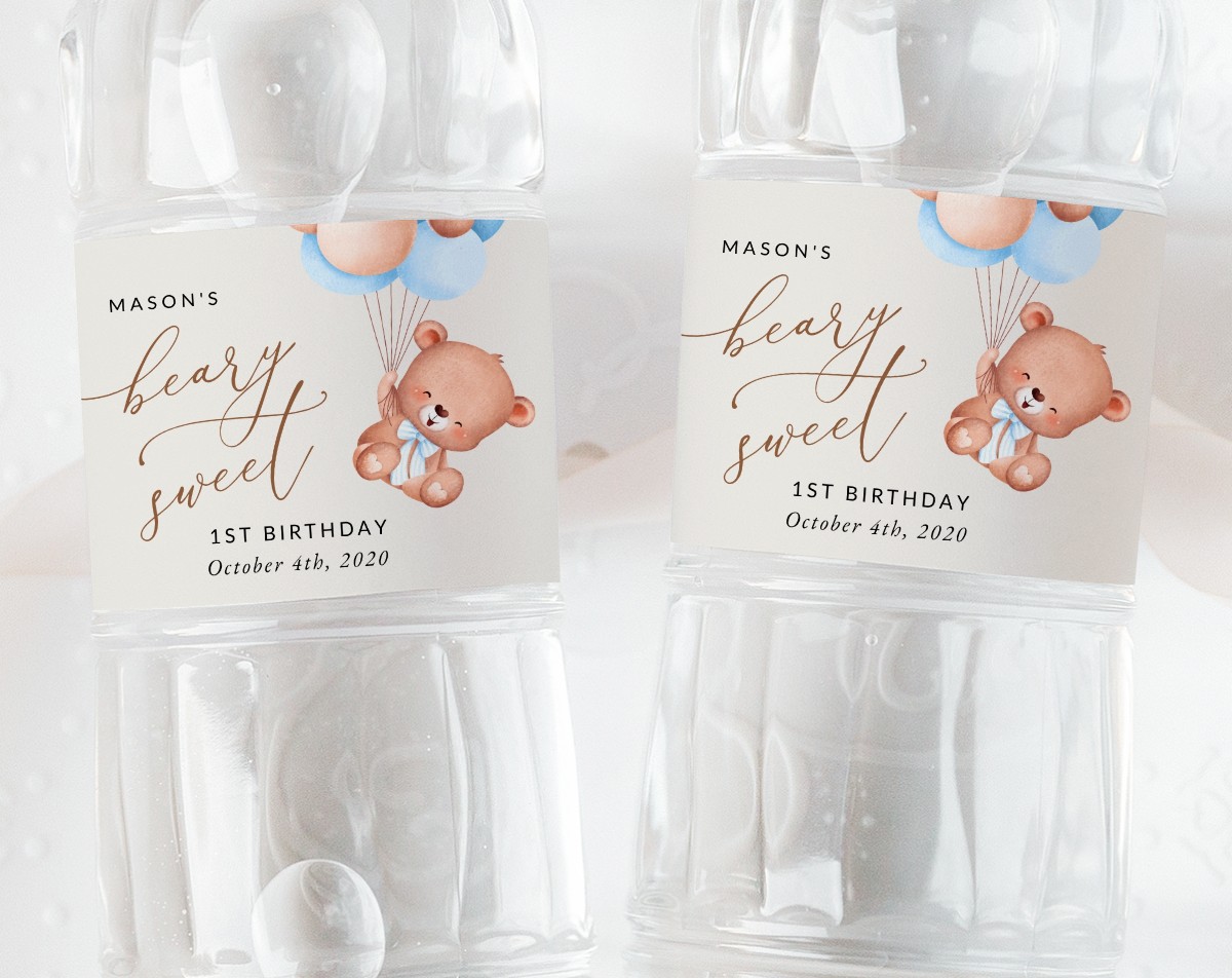 Baby Bear with Blue Balloons Water Bottle Labels, First Birthday, Boy Birthday, Printable File, Edit Yourself, SH76