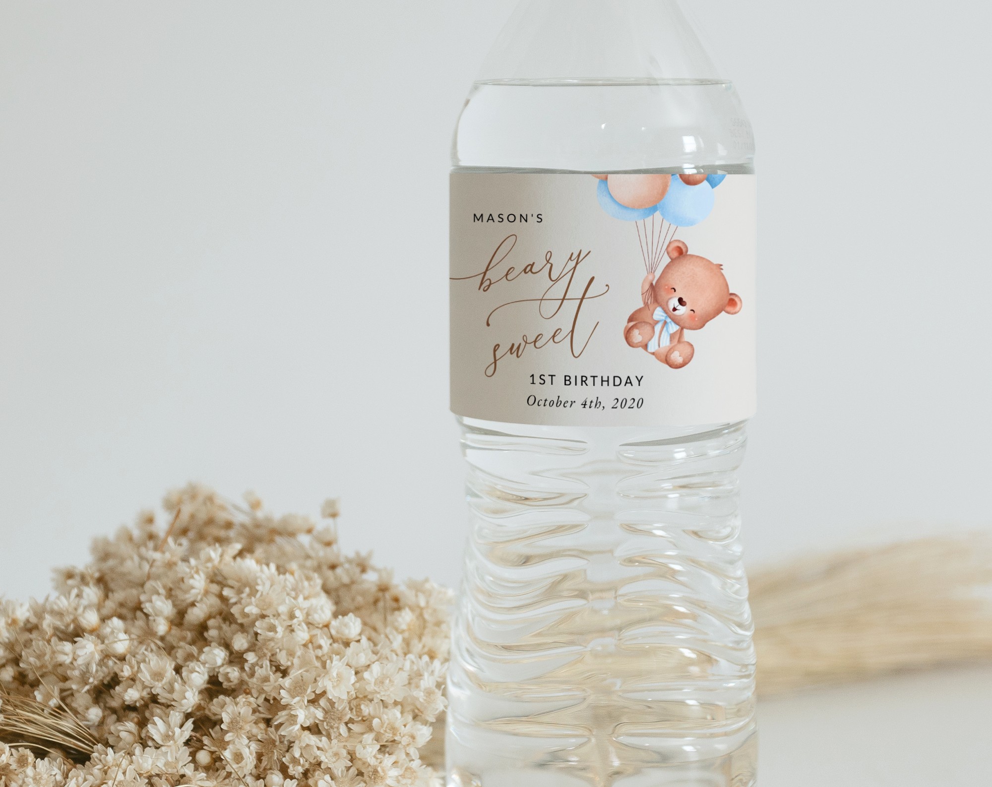 Baby Bear with Blue Balloons Water Bottle Labels, First Birthday, Boy Birthday, Printable File, Edit Yourself, SH76
