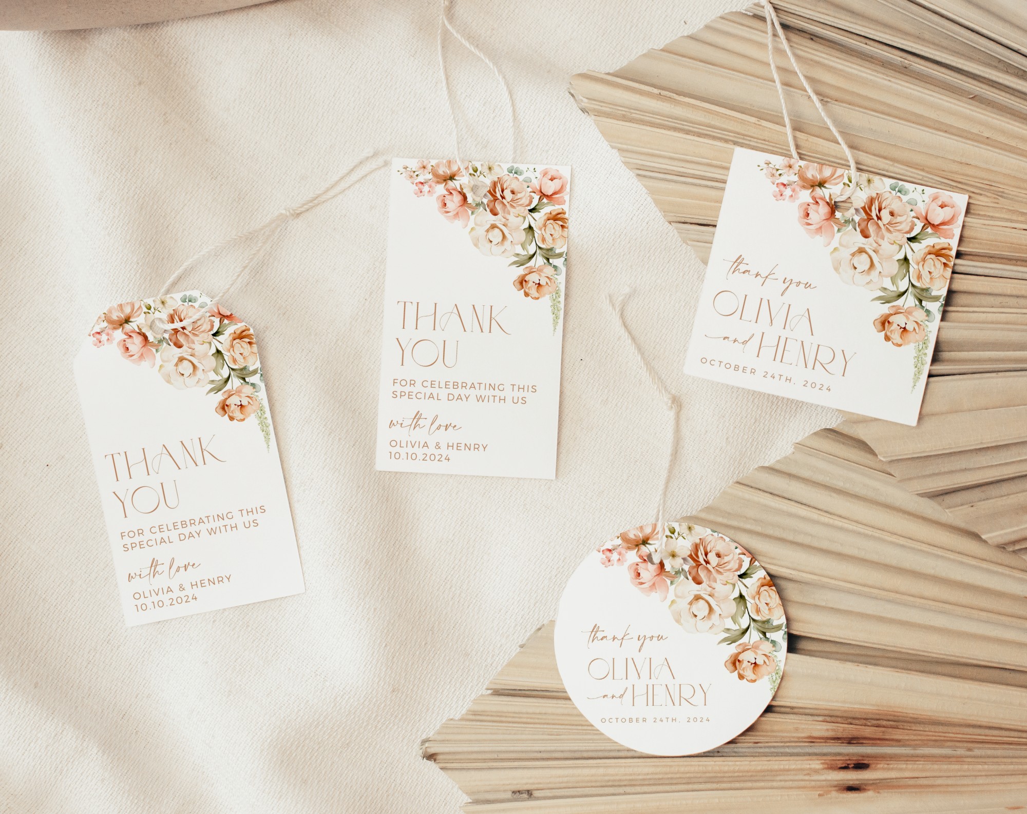 Peach and Cream Flowers Favor Tags, Gift Tags, Party Tags, Wedding, Printable File, Edit Yourself, SH42