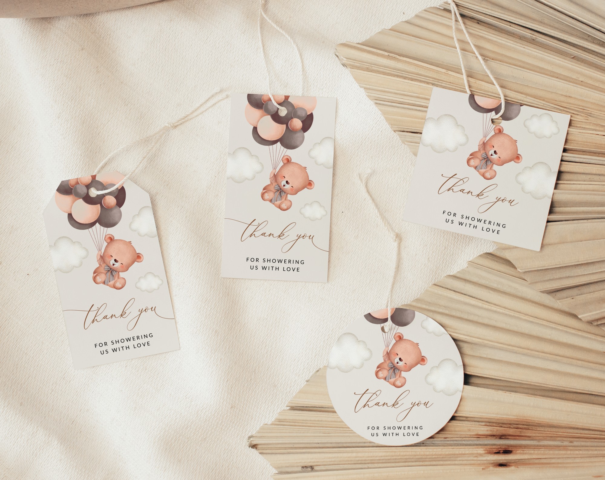 Baby Bear with Brown Balloons Favor Tags, Gift Tags, Gender Neutral Baby Shower, Printable File, Edit Yourself, SH62