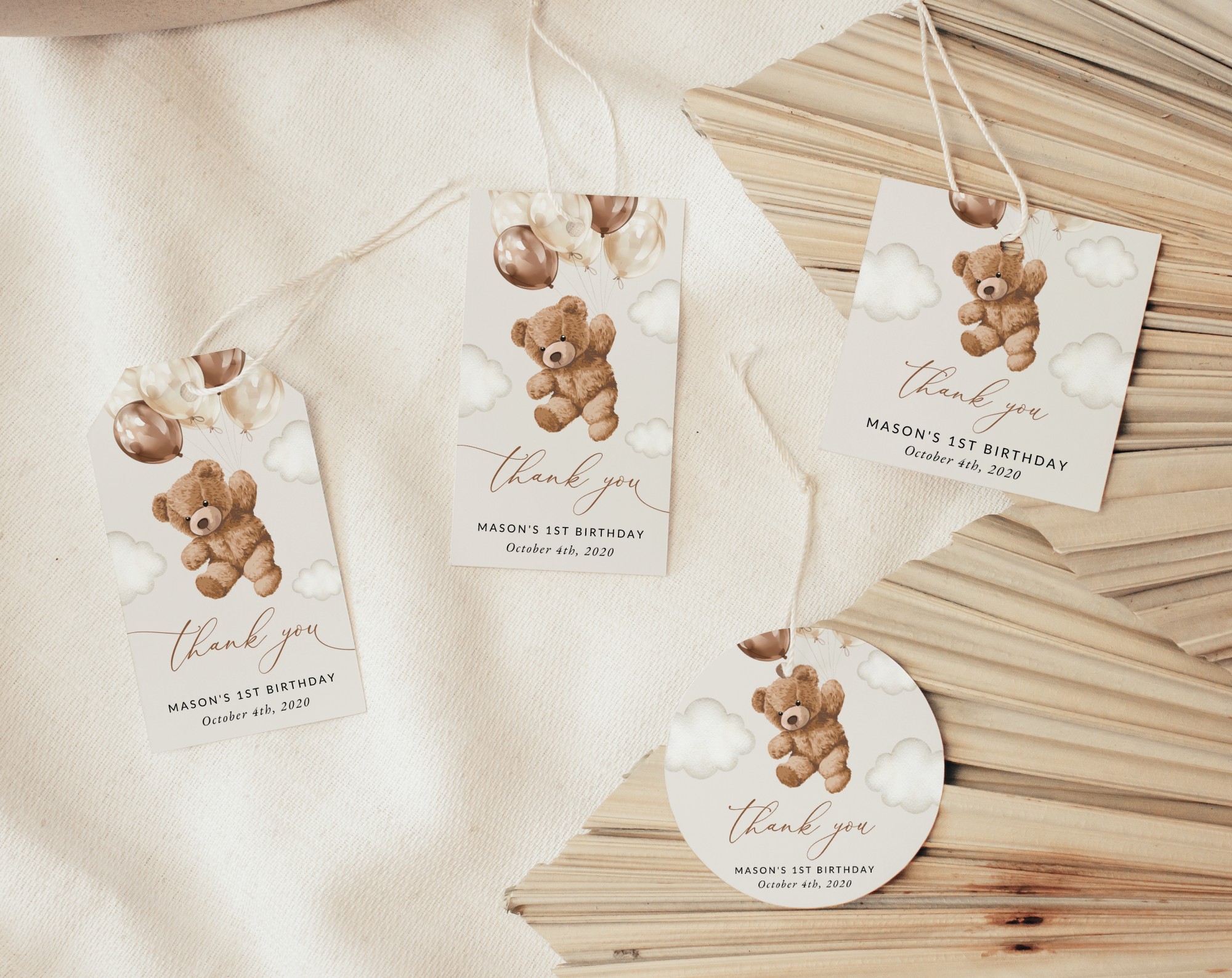 Teddy Bear with Brown Balloons Favor Tags, Gift Tags, First Birthday, Boy Birthday, Printable File, Edit Yourself, SH69 Teddy Bear with Brown Balloons Favor Tags, Gift Tags, First Birthday, Boy Birthday, Printable File, Edit Yourself, SH69