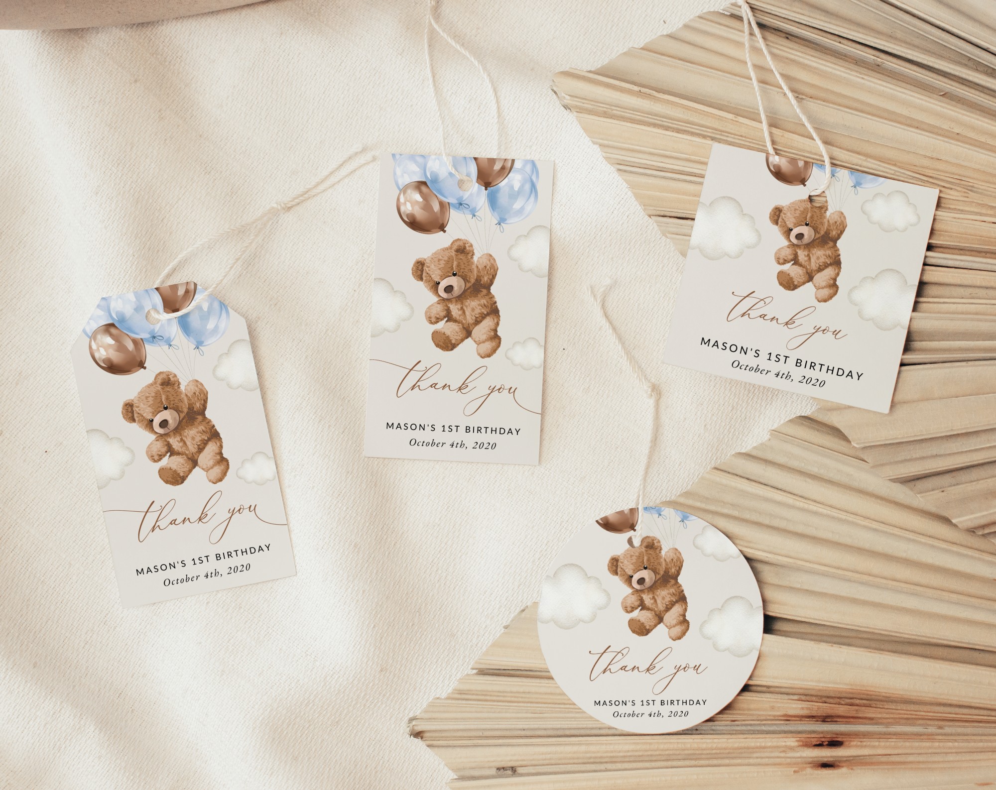 Teddy Bear with Blue Balloons Favor Tags, Gift Tags, First Birthday, Boy Birthday, Printable File, Edit Yourself, SH70 Teddy Bear with Blue Balloons Favor Tags, Gift Tags, First Birthday, Boy Birthday, Printable File, Edit Yourself, SH70
