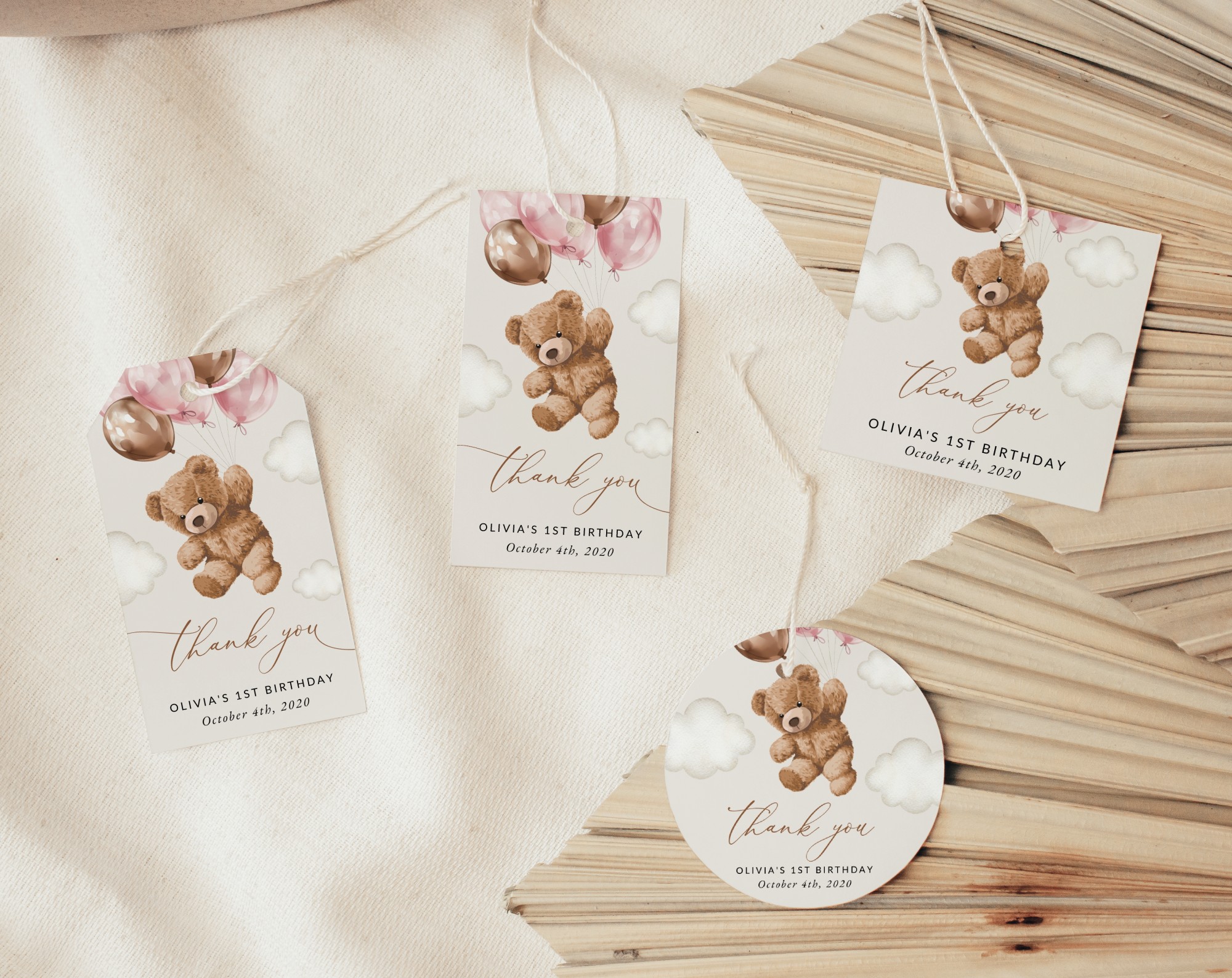 Teddy Bear with Pink Balloons Favor Tags, Gift Tags, First Birthday, Girl Birthday, Printable File, Edit Yourself, SH72