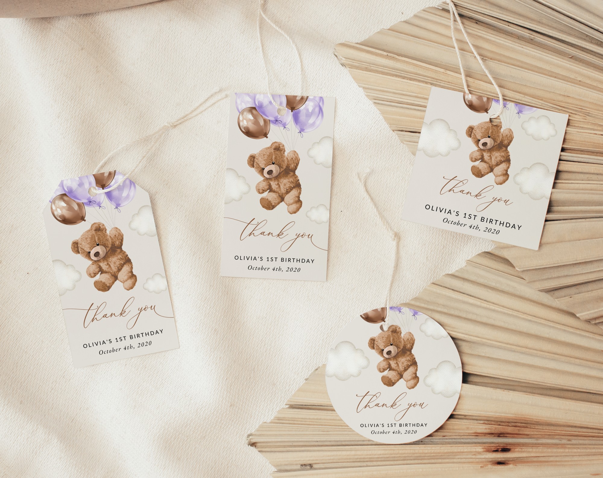 Teddy Bear with Purple Balloons Favor Tags, Gift Tags, First Birthday, Girl Birthday, Printable File, Edit Yourself, SH73