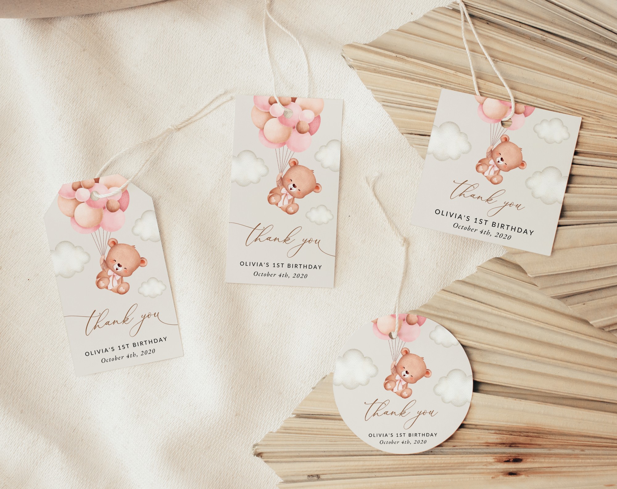 Baby Bear with Pink Balloons Favor Tags, Gift Tags, First Birthday, Girl Birthday, Printable File, Edit Yourself, SH74