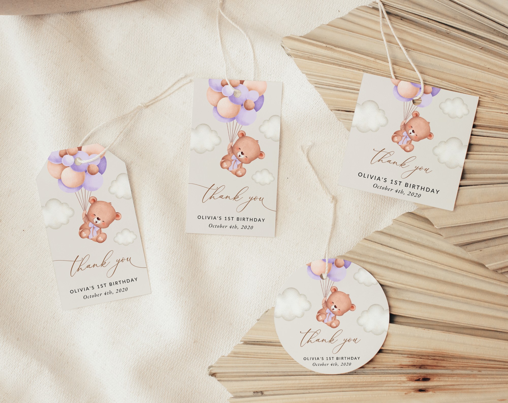 Baby Bear with Purple Balloons Favor Tags, Gift Tags, First Birthday, Girl Birthday, Printable File, Edit Yourself, SH75 Baby Bear with Purple Balloons Favor Tags, Gift Tags, First Birthday, Girl Birthday, Printable File, Edit Yourself, SH75