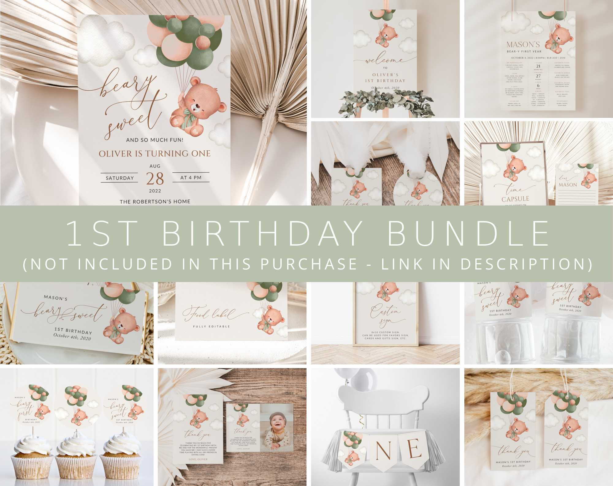 Baby Bear with Green Balloons First Birthday Bundle, Boy Birthday, Printable File, Edit Yourself, SH77 Baby Bear with Green Balloons First Birthday Bundle, Boy Birthday, Printable File, Edit Yourself, SH77