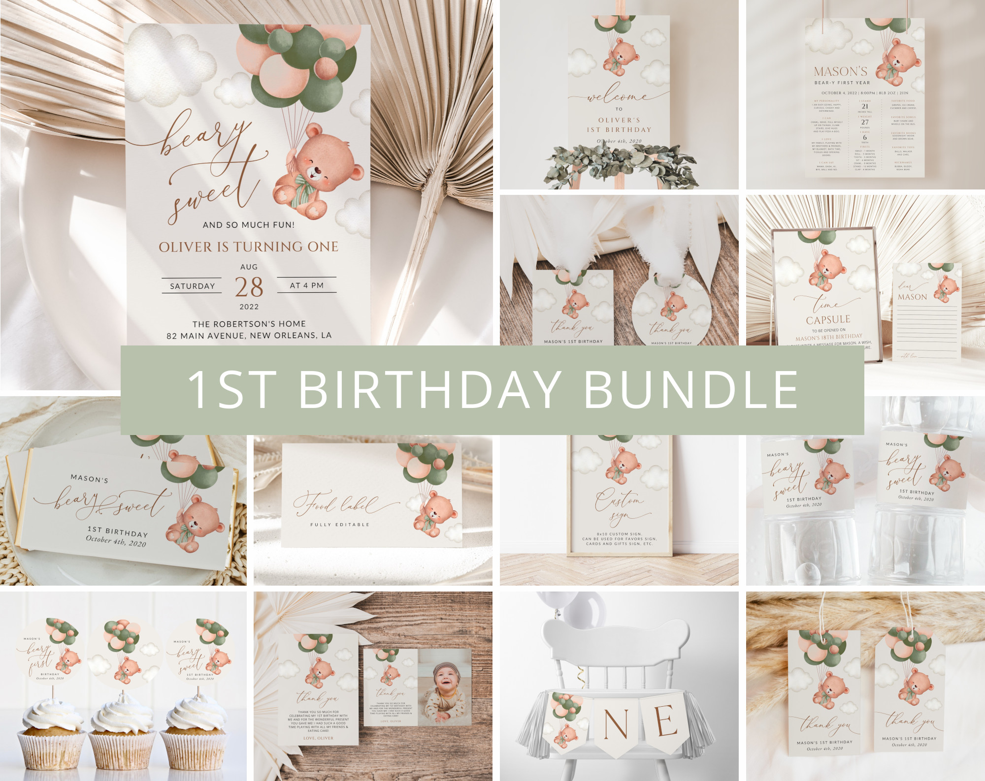 Baby Bear with Green Balloons First Birthday Bundle, Boy Birthday, Printable File, Edit Yourself, SH77 Baby Bear with Green Balloons First Birthday Bundle, Boy Birthday, Printable File, Edit Yourself, SH77