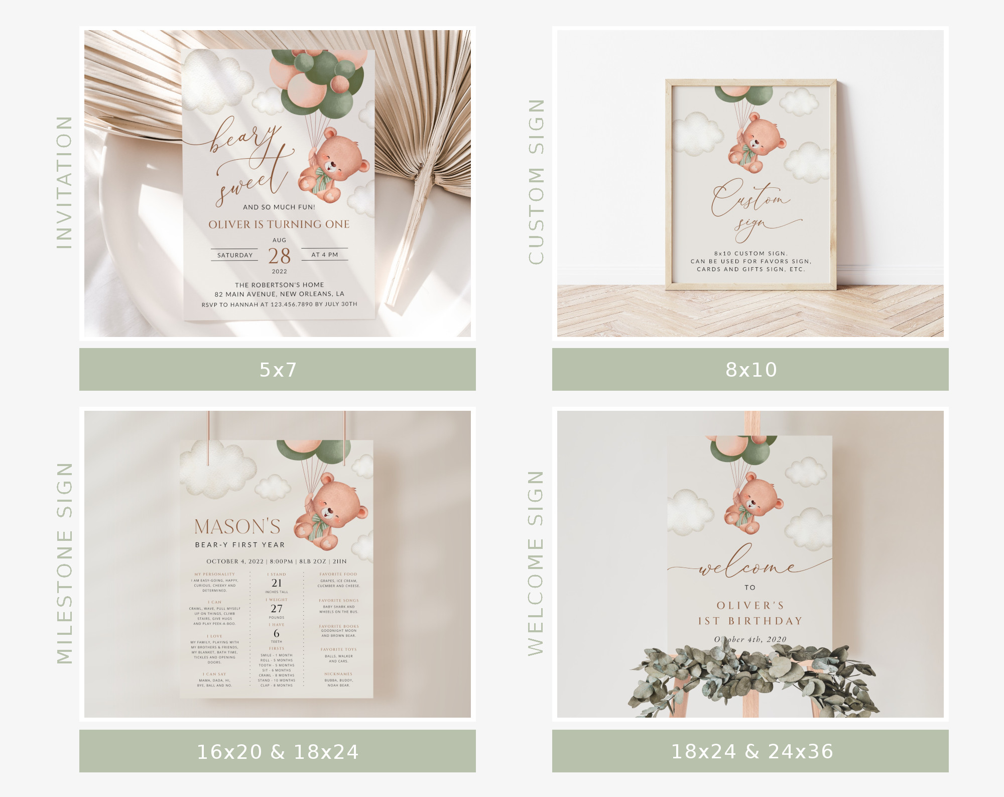 Baby Bear with Green Balloons First Birthday Bundle, Boy Birthday, Printable File, Edit Yourself, SH77