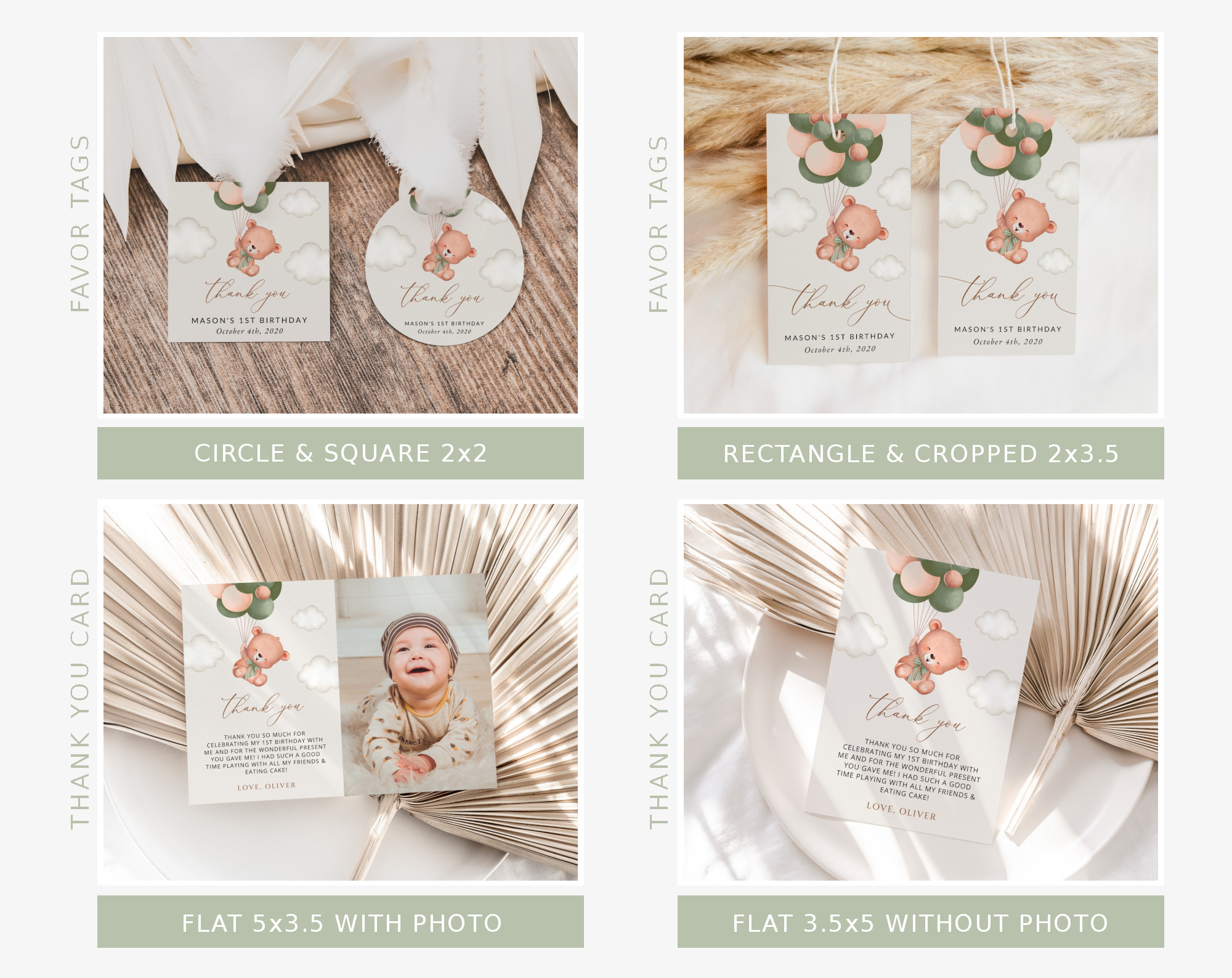 Baby Bear with Green Balloons First Birthday Bundle, Boy Birthday, Printable File, Edit Yourself, SH77