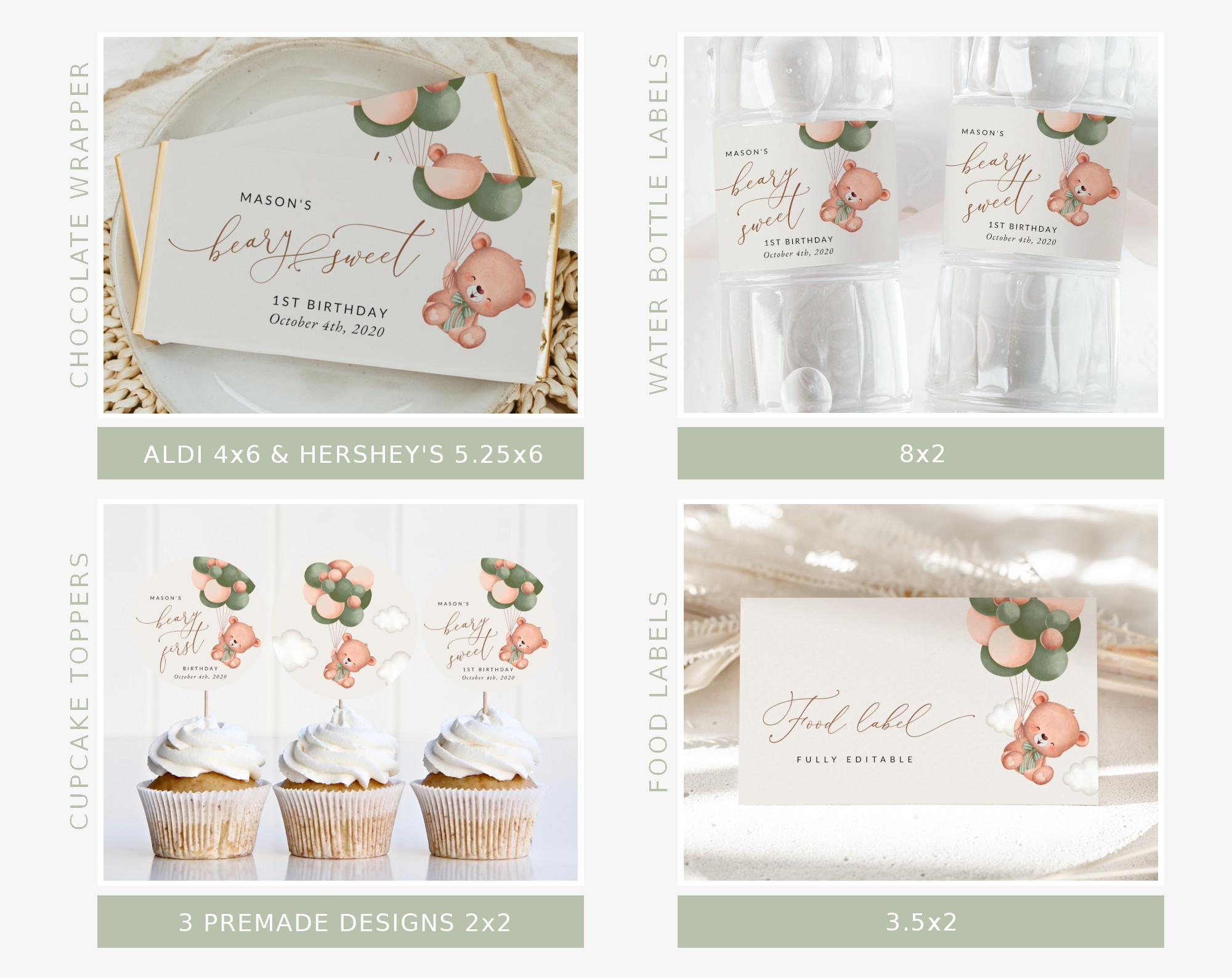 Baby Bear with Green Balloons First Birthday Bundle, Boy Birthday, Printable File, Edit Yourself, SH77