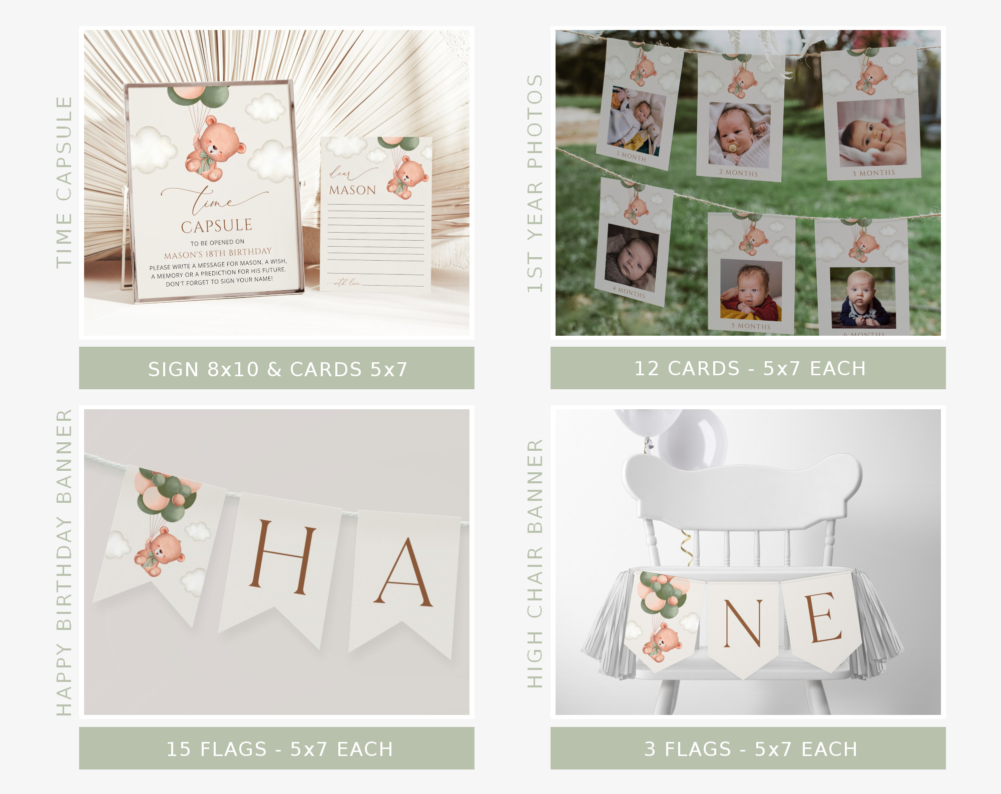 Baby Bear with Green Balloons First Birthday Bundle, Boy Birthday, Printable File, Edit Yourself, SH77