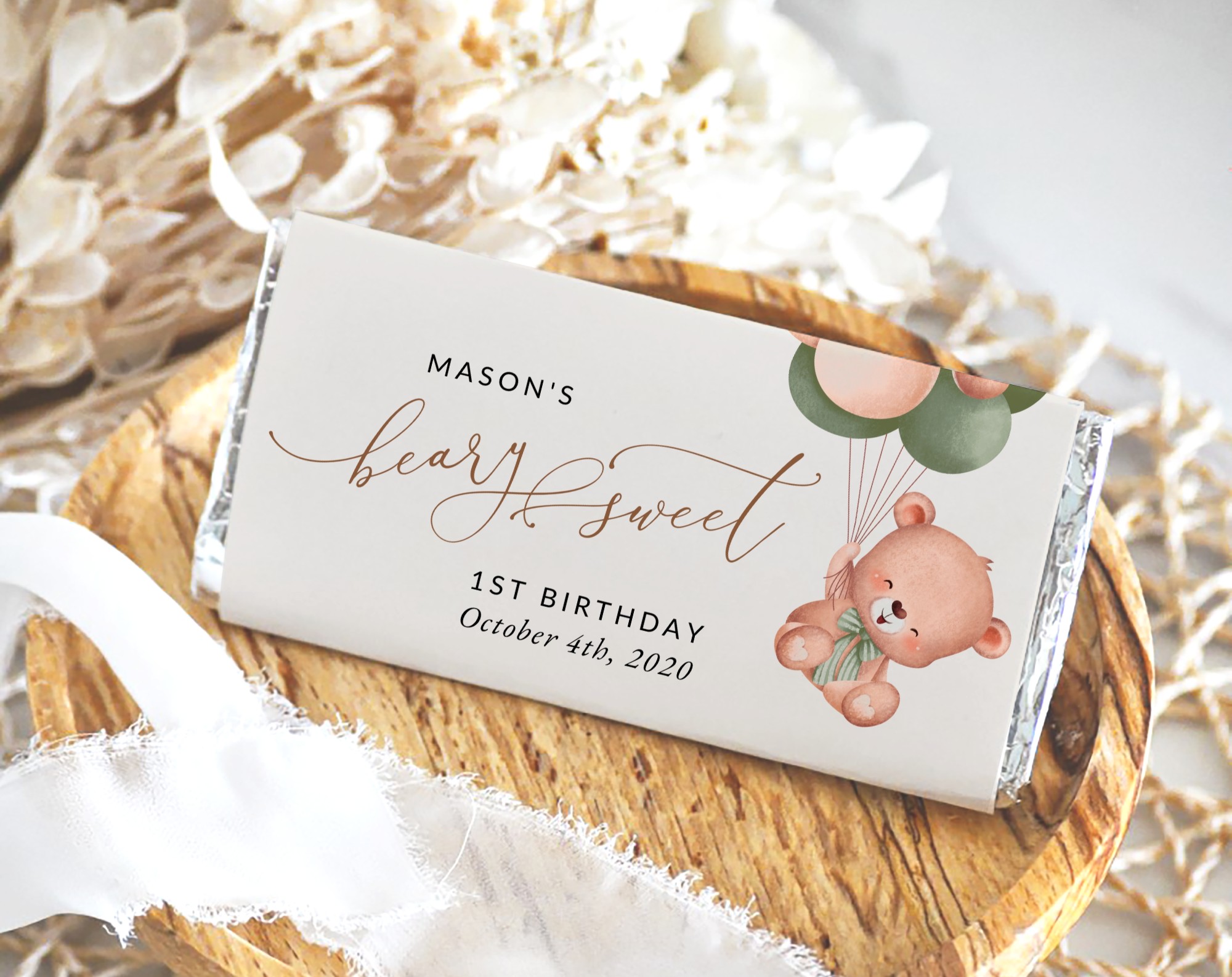 Baby Bear with Green Balloons Chocolate Bar Wrapper, First Birthday, Boy Birthday, Printable File, Edit Yourself, SH77