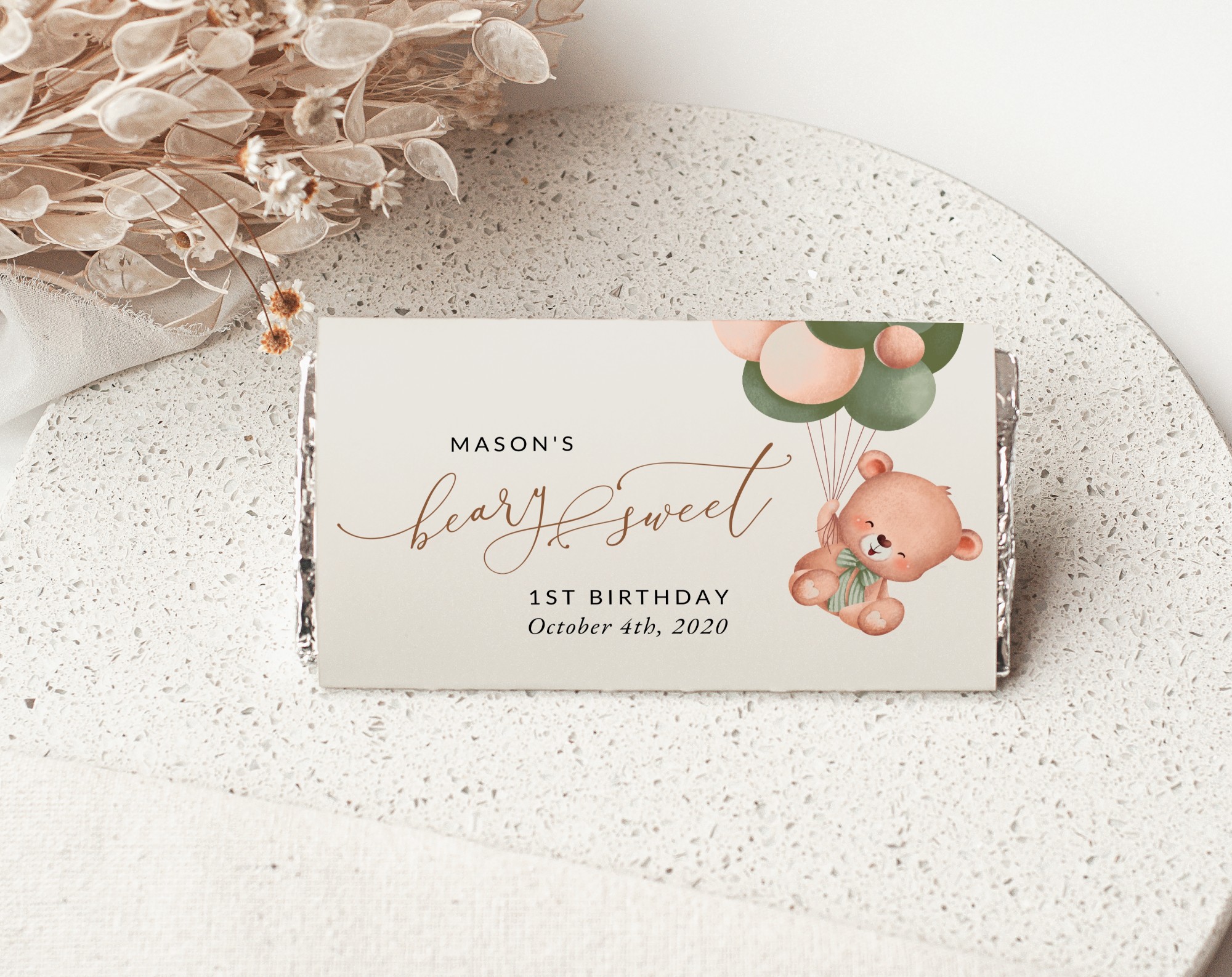 Baby Bear with Green Balloons Chocolate Bar Wrapper, First Birthday, Boy Birthday, Printable File, Edit Yourself, SH77