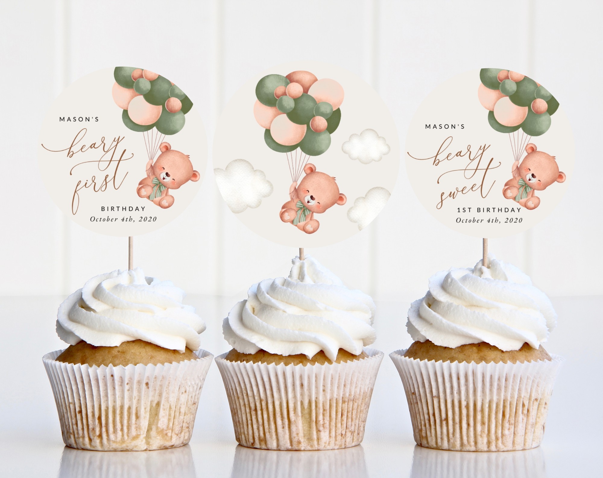 Baby Bear with Green Balloons Cupcake Toppers, First Birthday, Boy Birthday, Printable File, Edit Yourself, SH77 Baby Bear with Green Balloons Cupcake Toppers, First Birthday, Boy Birthday, Printable File, Edit Yourself, SH77