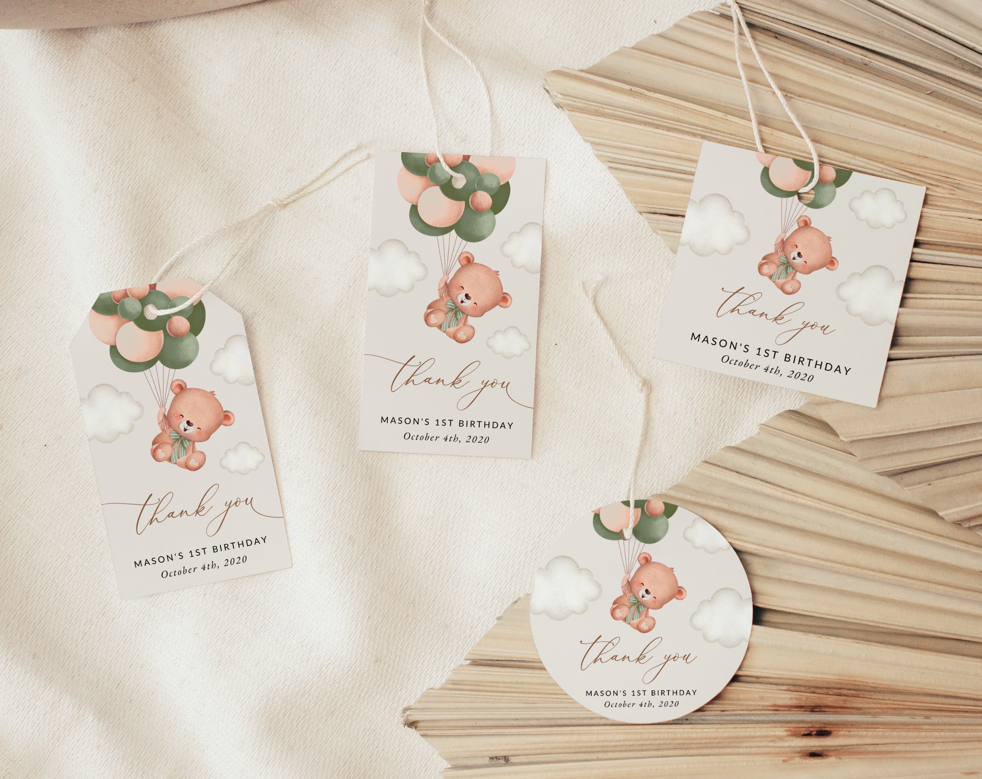 Baby Bear with Green Balloons Favor Tags, Gift Tags, First Birthday, Boy Birthday, Printable File, Edit Yourself, SH77 Baby Bear with Green Balloons Favor Tags, Gift Tags, First Birthday, Boy Birthday, Printable File, Edit Yourself, SH77