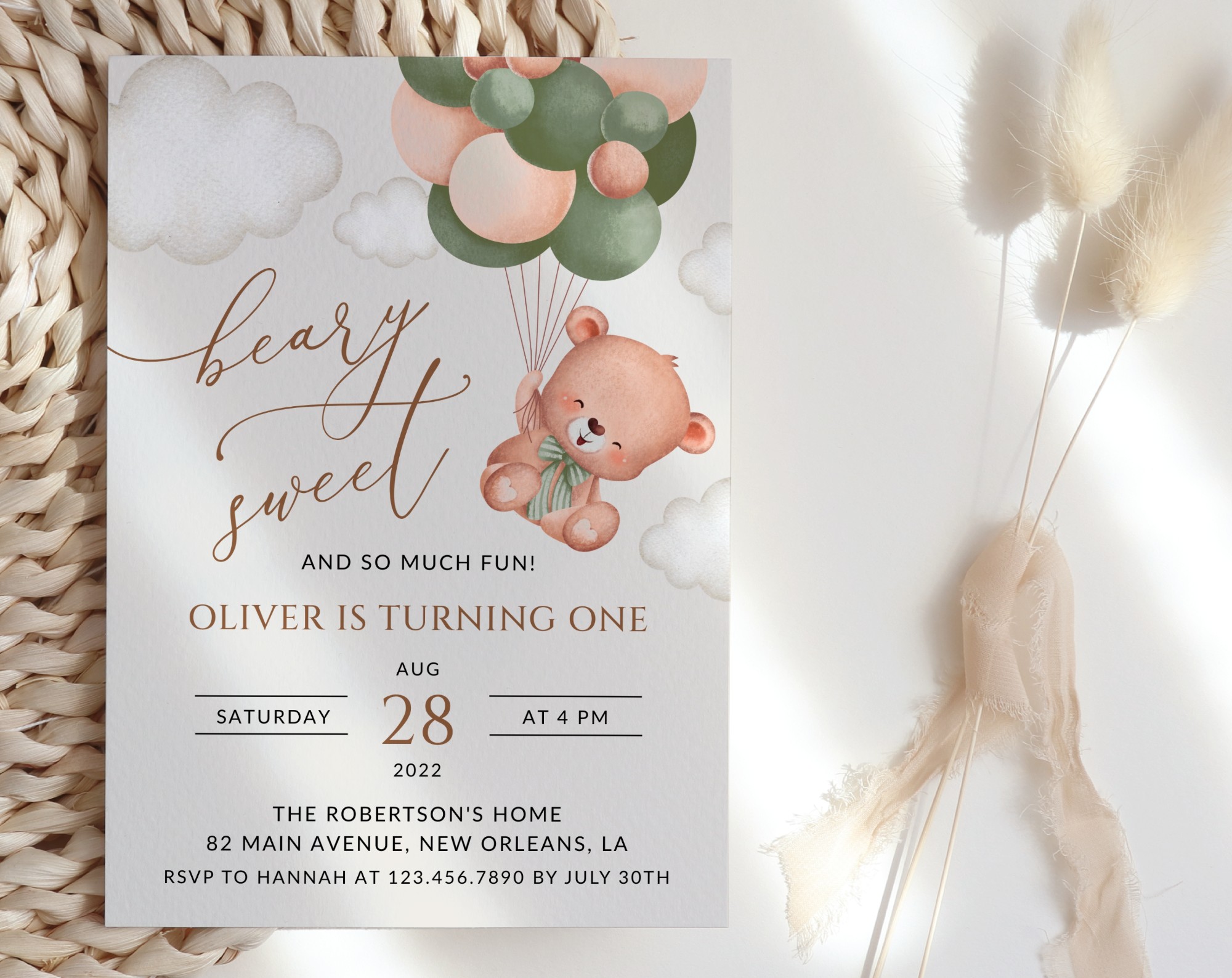 Baby Bear with Green Balloons First Birthday Invitation, Birthday Stationery, Boy Birthday, Printable File, Edit Yourself, SH77 Baby Bear with Green Balloons First Birthday Invitation, Birthday Stationery, Boy Birthday, Printable File, Edit Yourself, SH77