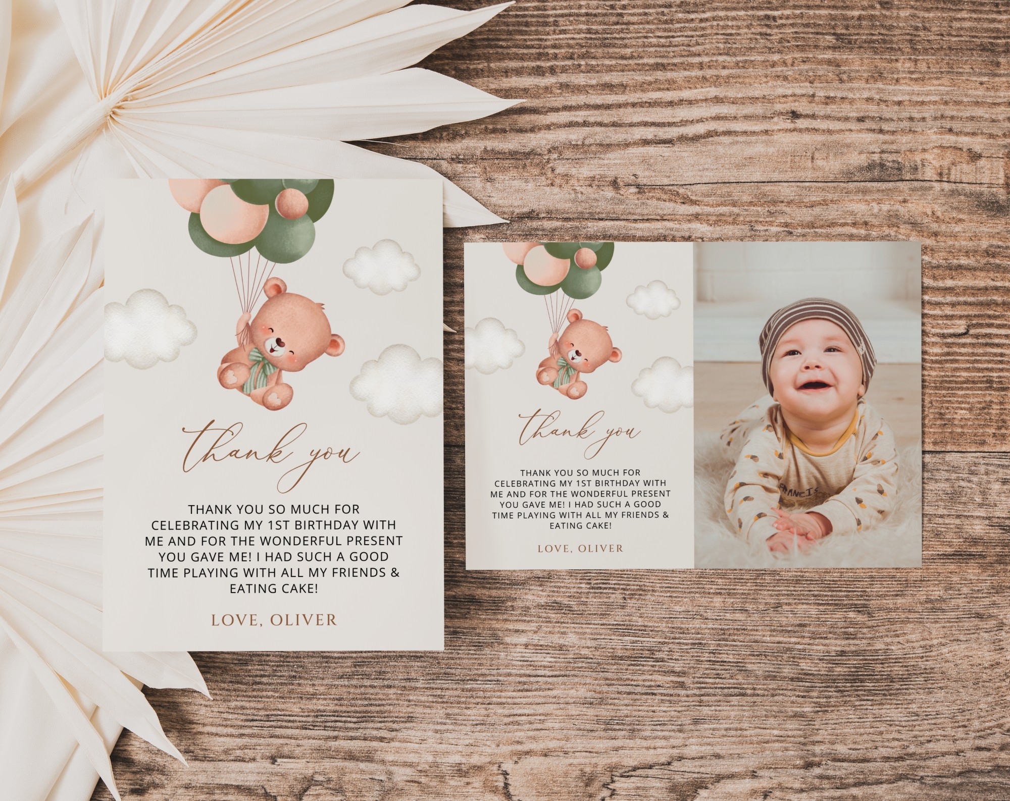 Baby Bear with Green Balloons Thank You Card, First Birthday, Boy Birthday, Printable File, Edit Yourself, SH77 Baby Bear with Green Balloons Thank You Card, First Birthday, Boy Birthday, Printable File, Edit Yourself, SH77