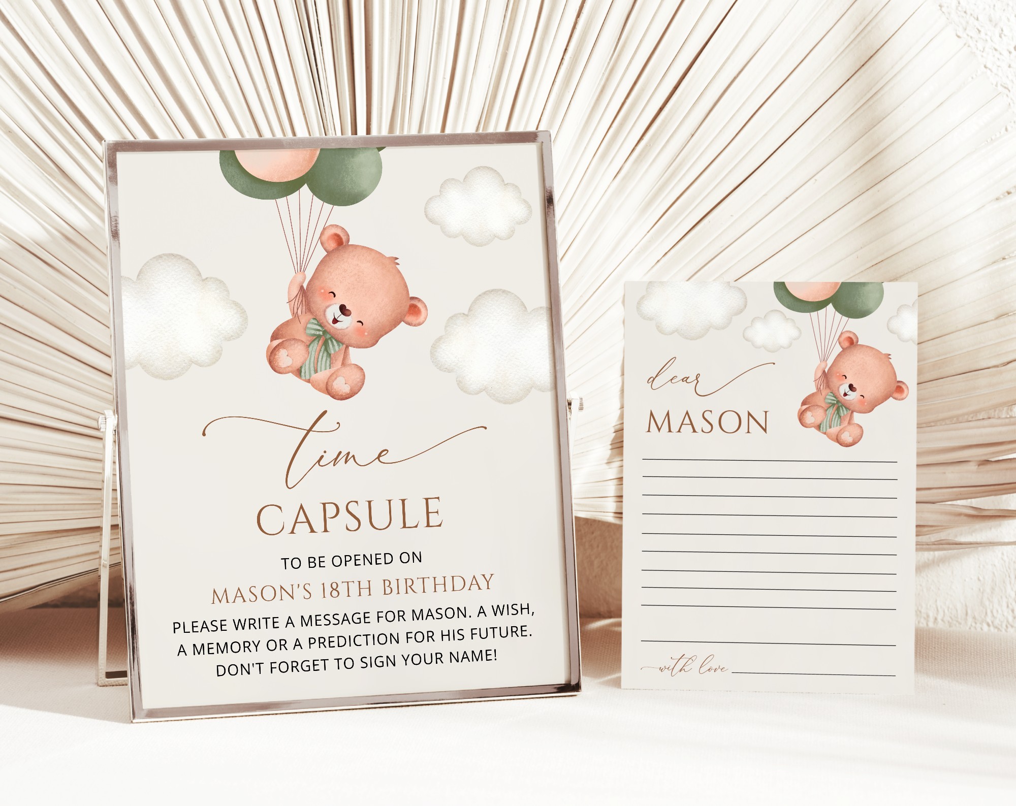 Baby Bear with Green Balloons Time Capsule, First Birthday, Boy Birthday, Printable File, Edit Yourself, SH77 Baby Bear with Green Balloons Time Capsule, First Birthday, Boy Birthday, Printable File, Edit Yourself, SH77