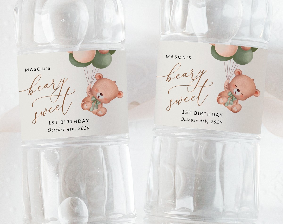 Baby Bear with Green Balloons Water Bottle Labels, First Birthday, Boy Birthday, Printable File, Edit Yourself, SH77 Baby Bear with Green Balloons Water Bottle Labels, First Birthday, Boy Birthday, Printable File, Edit Yourself, SH77