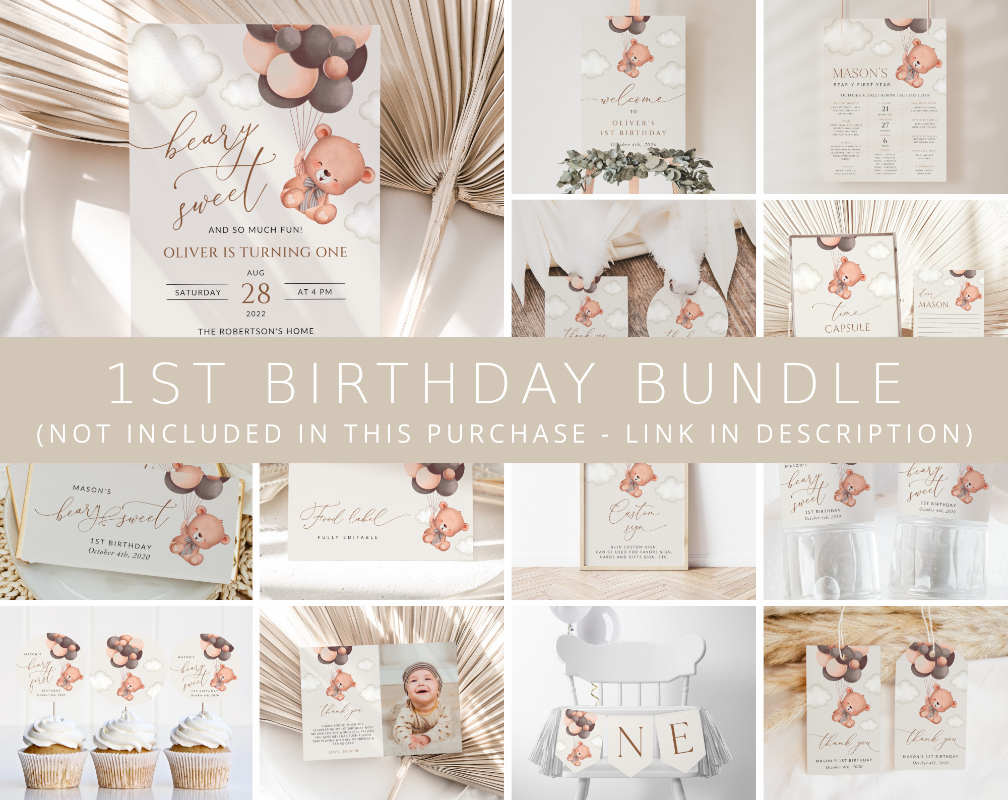 Baby Bear with Brown Balloons First Birthday Bundle, Boy Birthday, Printable File, Edit Yourself, SH78 Baby Bear with Brown Balloons First Birthday Bundle, Boy Birthday, Printable File, Edit Yourself, SH78