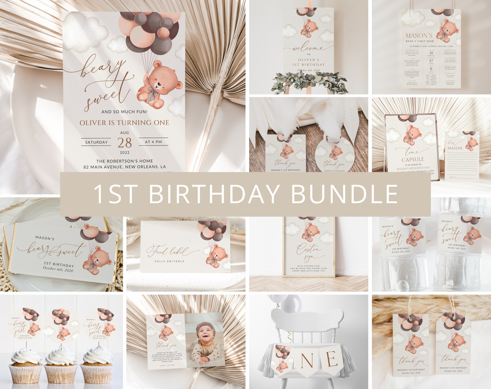 Baby Bear with Brown Balloons First Birthday Bundle, Boy Birthday, Printable File, Edit Yourself, SH78