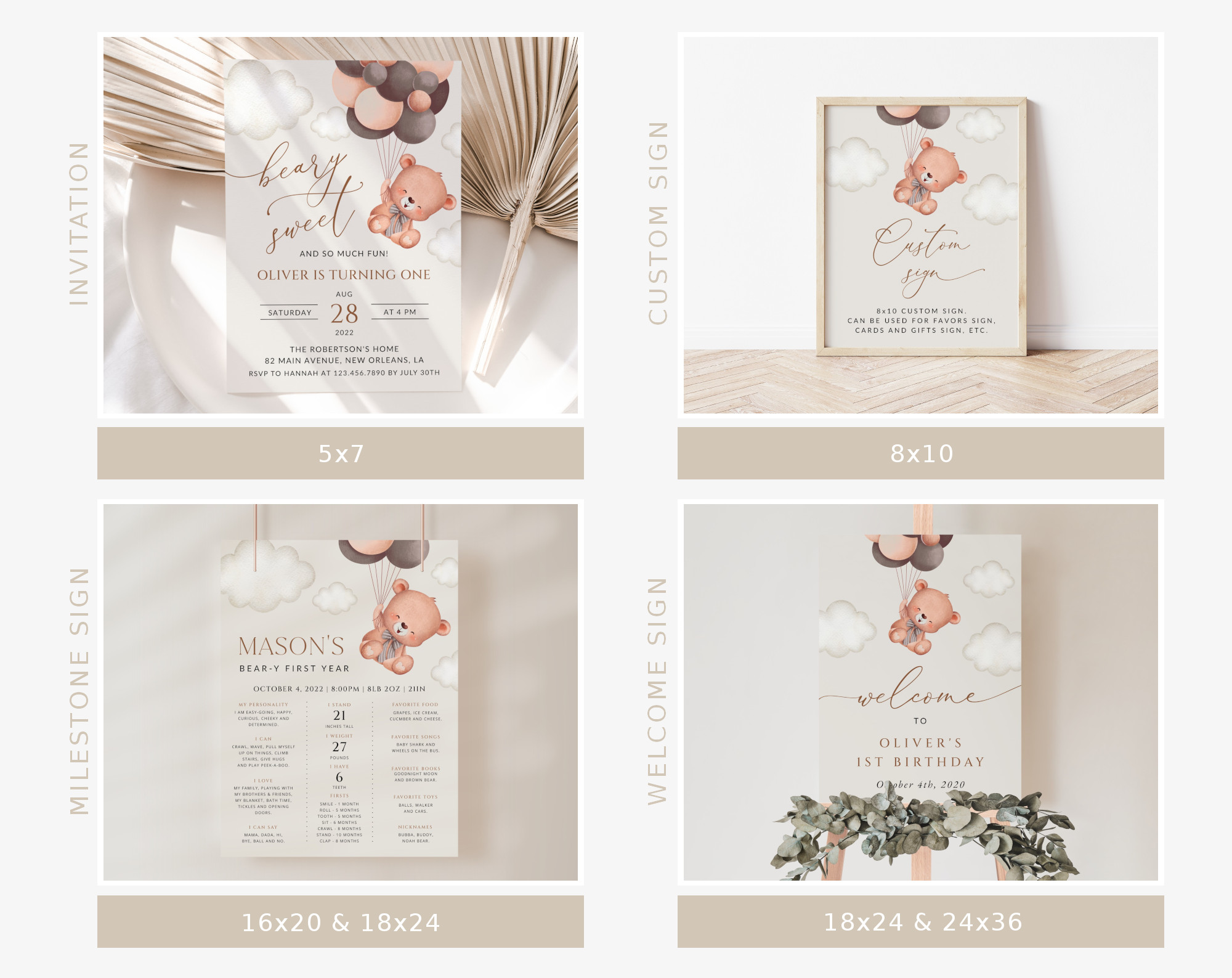 Baby Bear with Brown Balloons First Birthday Bundle, Boy Birthday, Printable File, Edit Yourself, SH78 Baby Bear with Brown Balloons First Birthday Bundle, Boy Birthday, Printable File, Edit Yourself, SH78