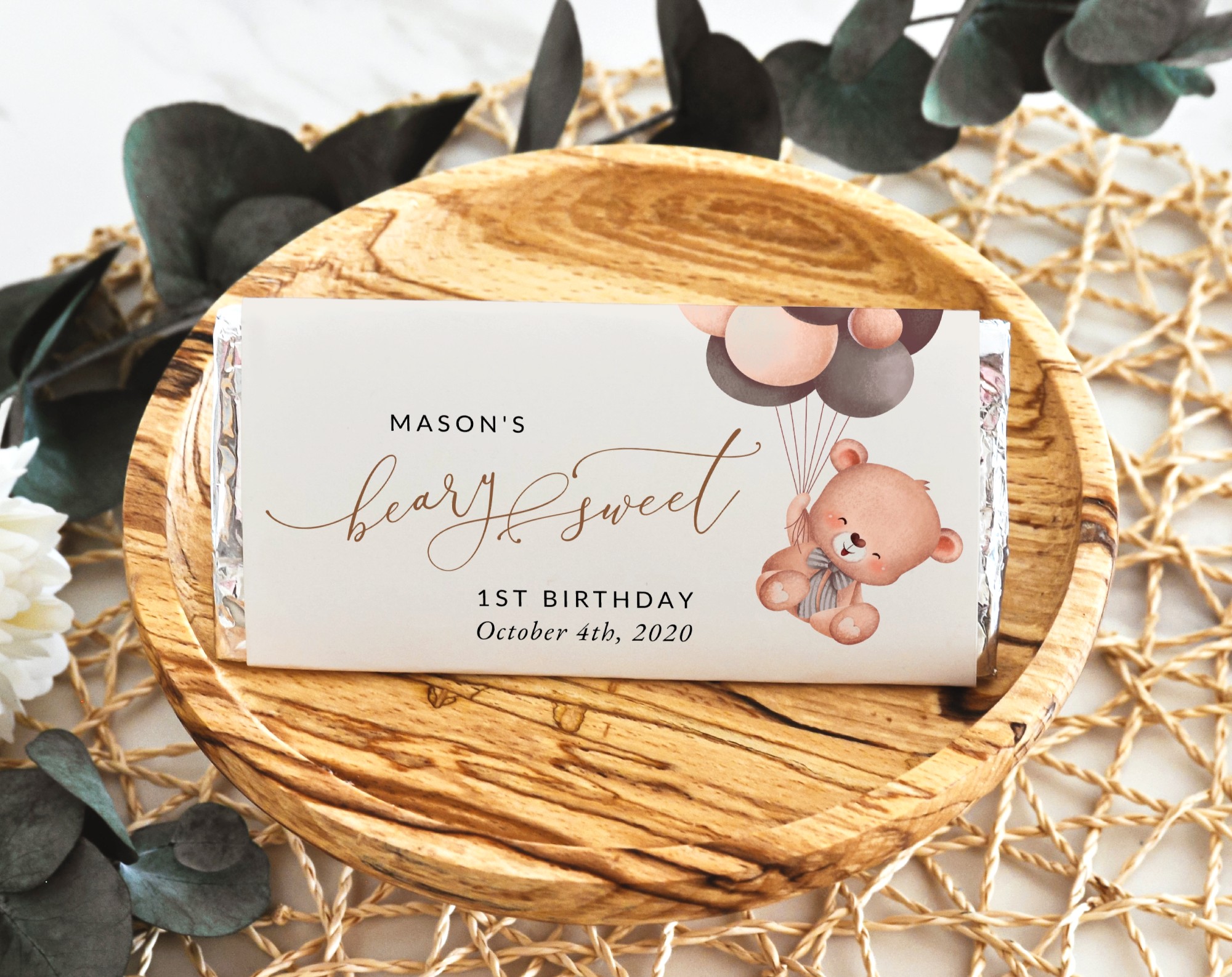 Baby Bear with Brown Balloons Chocolate Bar Wrapper, First Birthday, Boy Birthday, Printable File, Edit Yourself, SH78