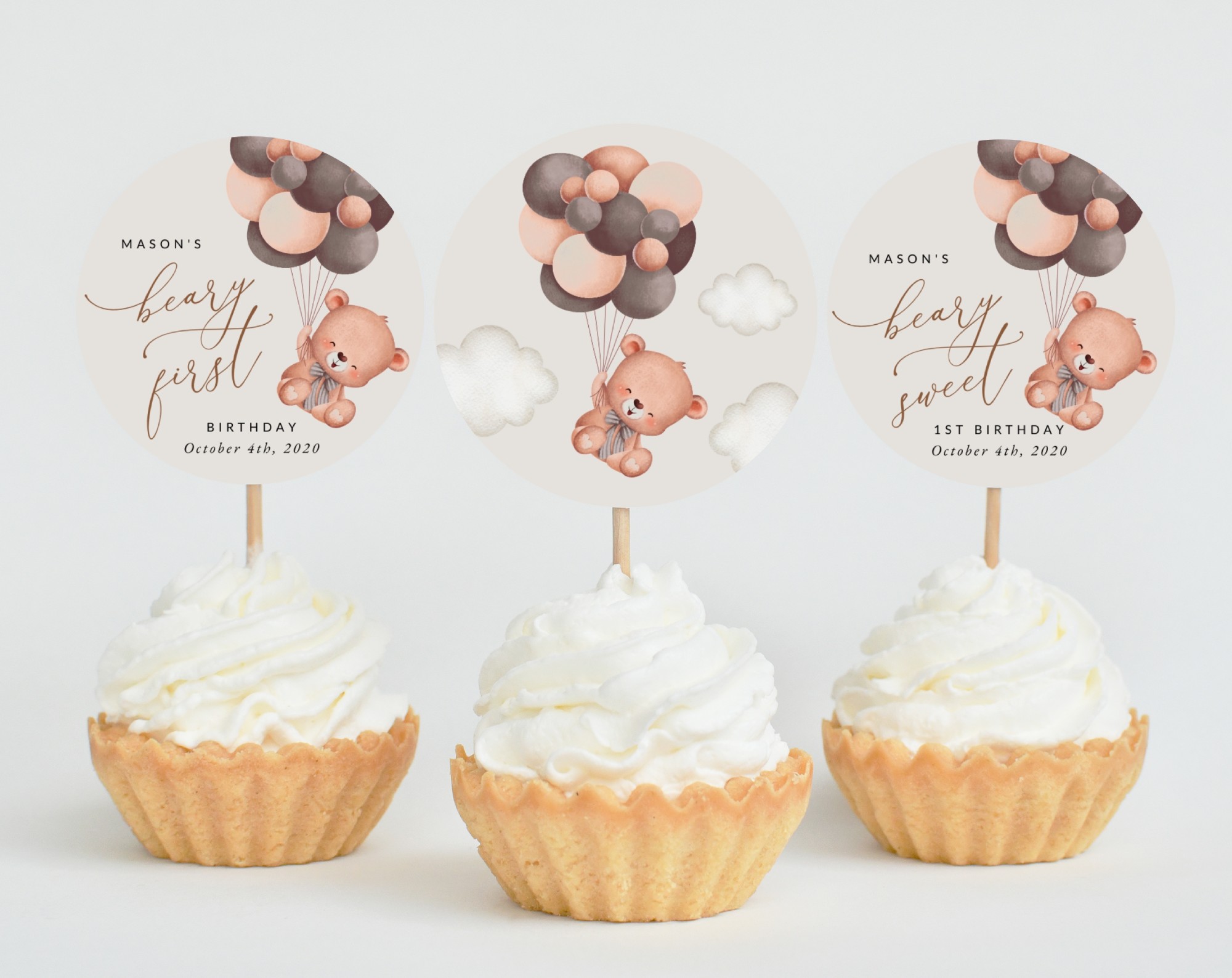 Baby Bear with Brown Balloons Cupcake Toppers, First Birthday, Boy Birthday, Printable File, Edit Yourself, SH78 Baby Bear with Brown Balloons Cupcake Toppers, First Birthday, Boy Birthday, Printable File, Edit Yourself, SH78