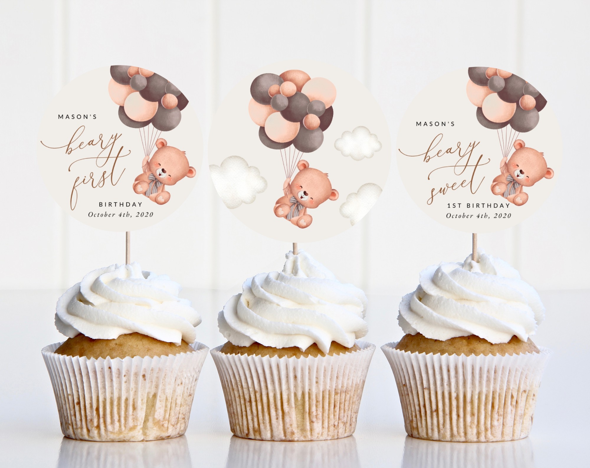 Baby Bear with Brown Balloons Cupcake Toppers, First Birthday, Boy Birthday, Printable File, Edit Yourself, SH78 Baby Bear with Brown Balloons Cupcake Toppers, First Birthday, Boy Birthday, Printable File, Edit Yourself, SH78