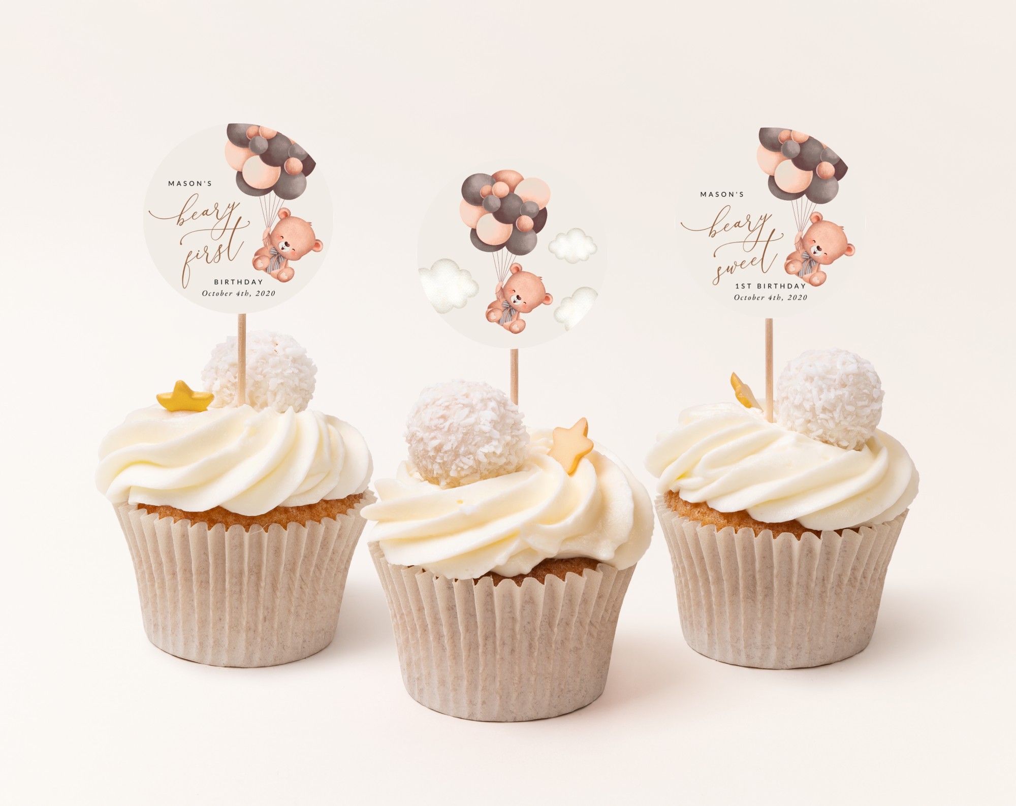 Baby Bear with Brown Balloons Cupcake Toppers, First Birthday, Boy Birthday, Printable File, Edit Yourself, SH78 Baby Bear with Brown Balloons Cupcake Toppers, First Birthday, Boy Birthday, Printable File, Edit Yourself, SH78
