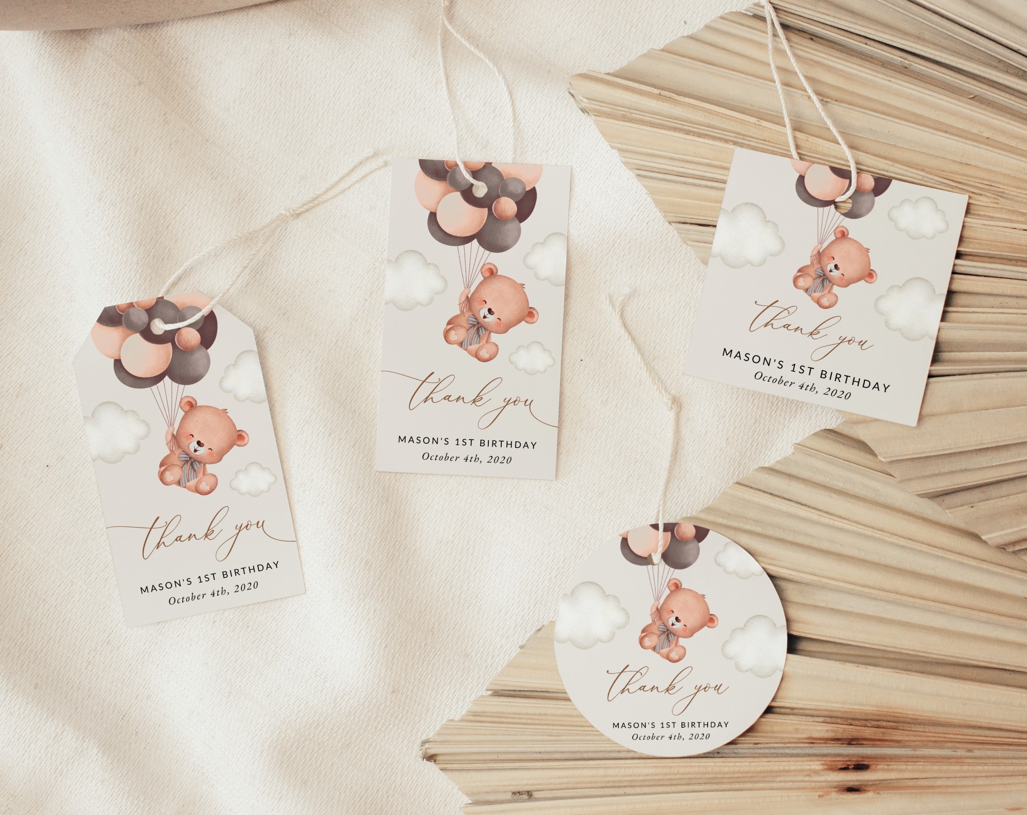 Baby Bear with Brown Balloons Favor Tags, Gift Tags, First Birthday, Boy Birthday, Printable File, Edit Yourself, SH78
