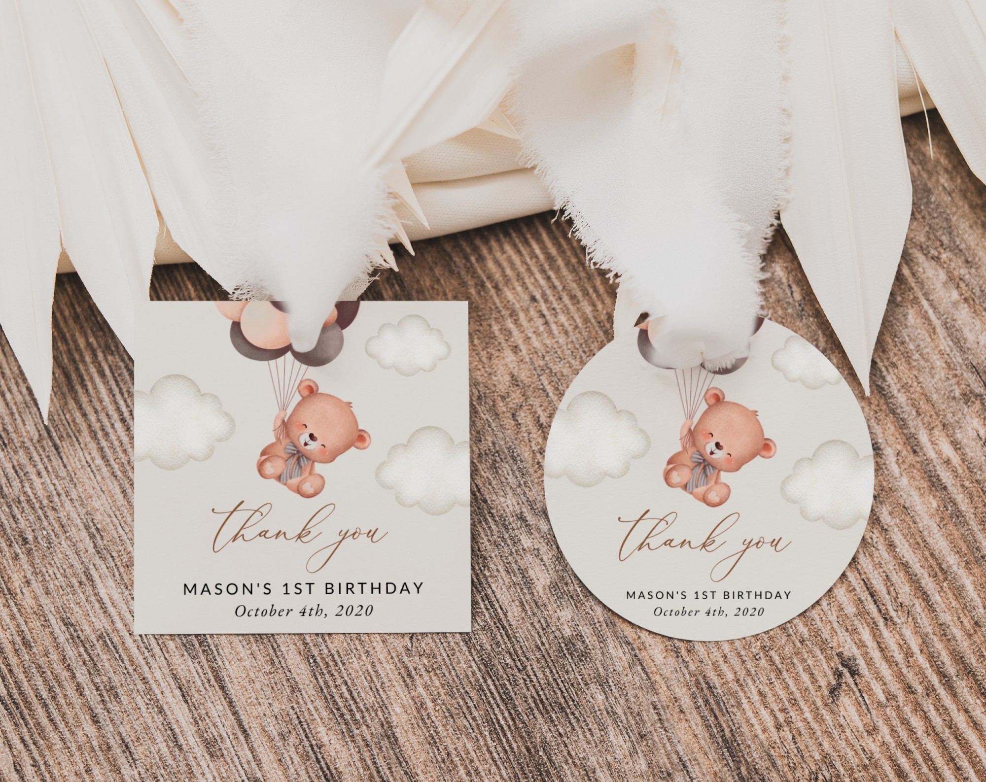 Baby Bear with Brown Balloons Favor Tags, Gift Tags, First Birthday, Boy Birthday, Printable File, Edit Yourself, SH78
