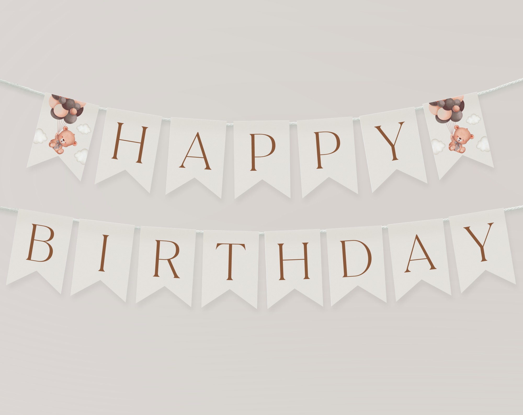 Baby Bear with Brown Balloons Happy Birthday Banner, First Birthday, Boy Birthday, Printable File, Edit Yourself, SH78