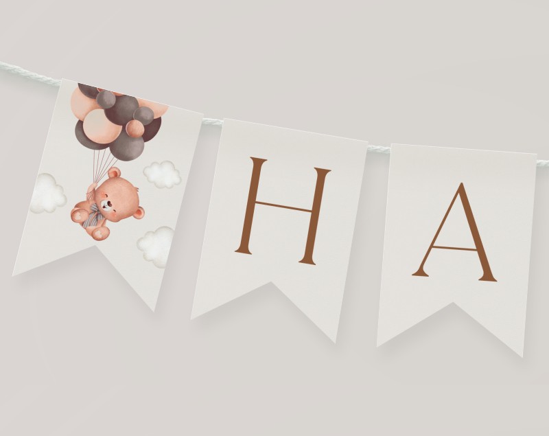 Baby Bear with Brown Balloons Happy Birthday Banner, First Birthday, Boy Birthday, Printable File, Edit Yourself, SH78