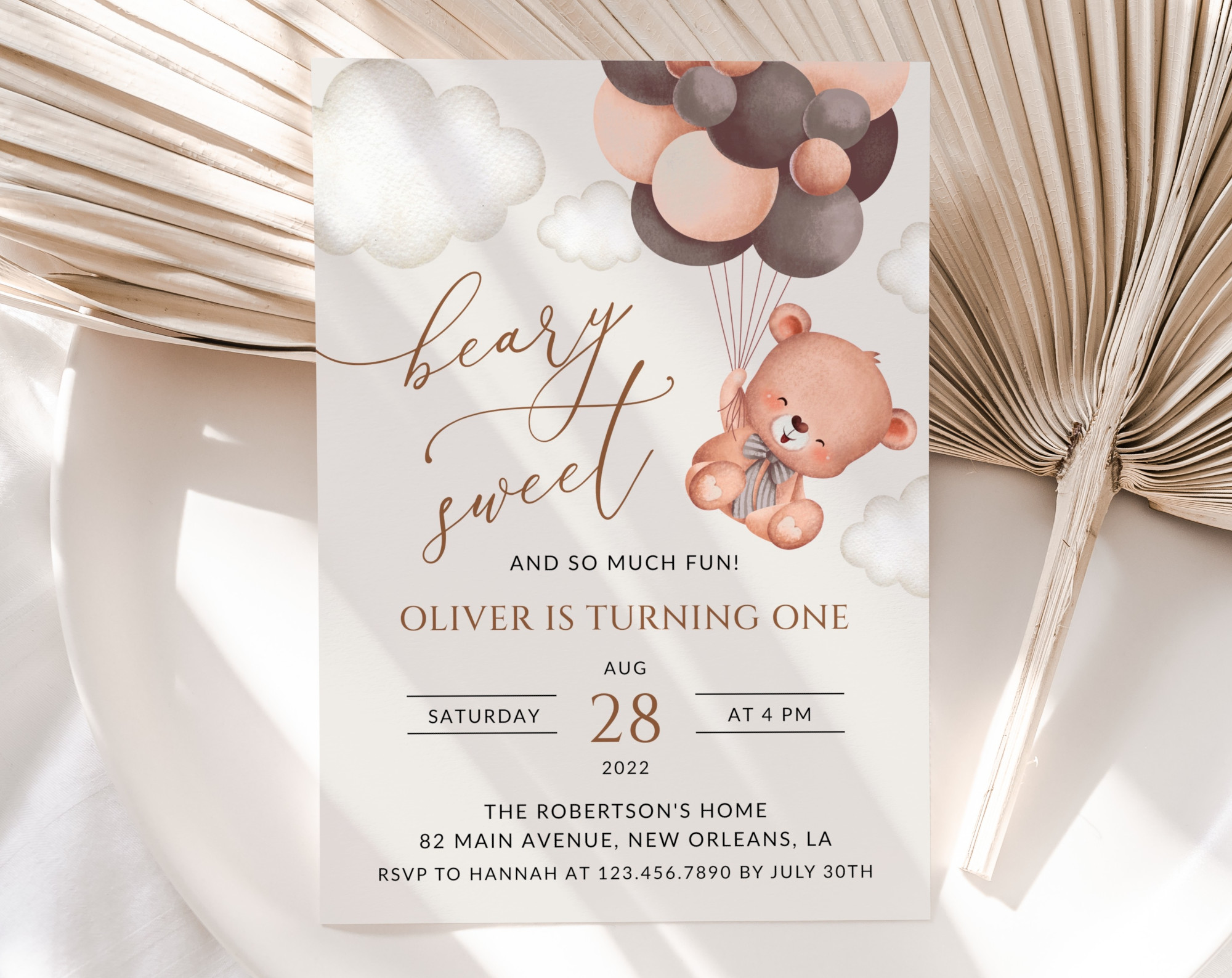Baby Bear with Brown Balloons First Birthday Invitation, Birthday Stationery, Boy Birthday, Printable File, Edit Yourself, SH78 Baby Bear with Brown Balloons First Birthday Invitation, Birthday Stationery, Boy Birthday, Printable File, Edit Yourself, SH78