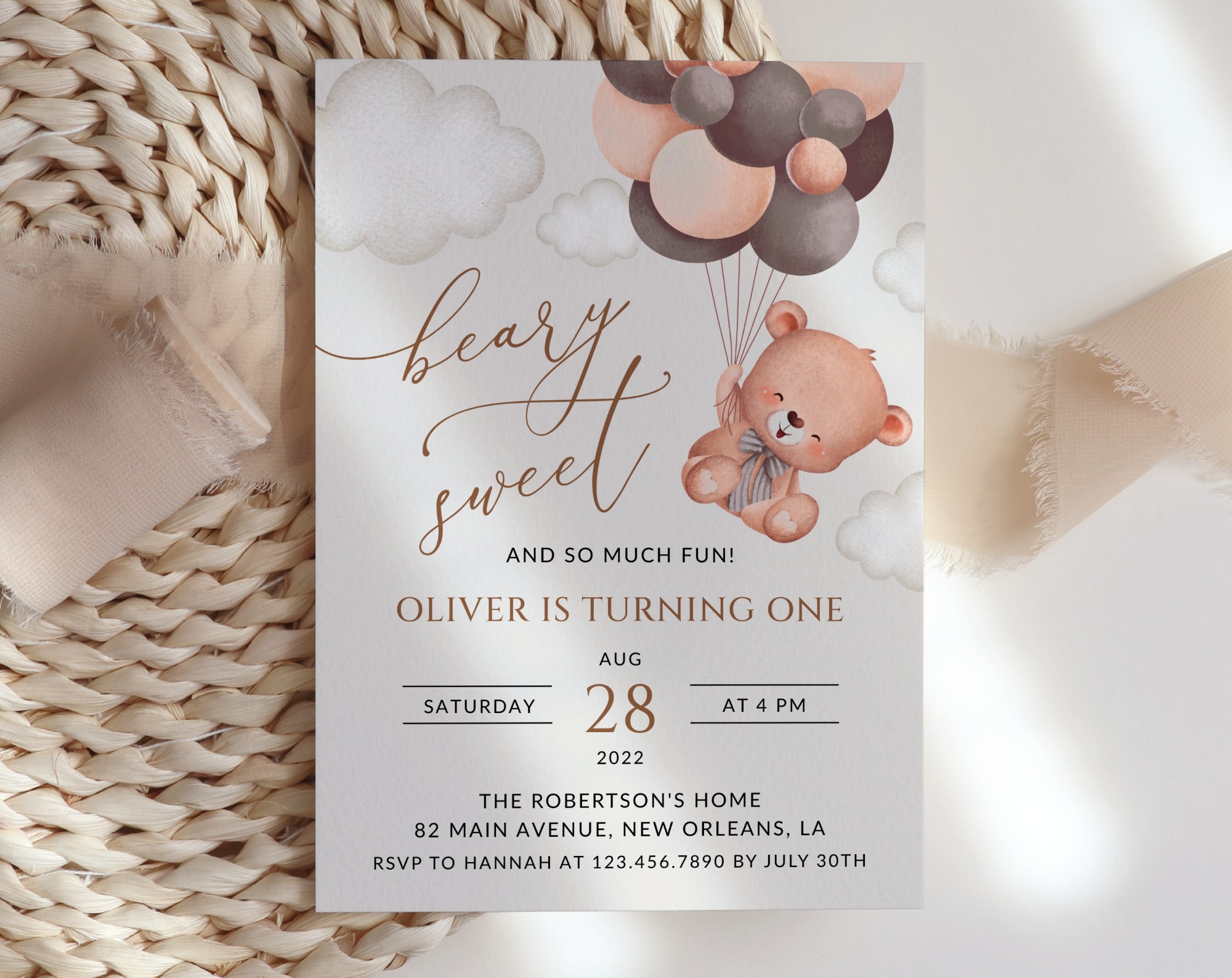 Baby Bear with Brown Balloons First Birthday Invitation, Birthday Stationery, Boy Birthday, Printable File, Edit Yourself, SH78 Baby Bear with Brown Balloons First Birthday Invitation, Birthday Stationery, Boy Birthday, Printable File, Edit Yourself, SH78