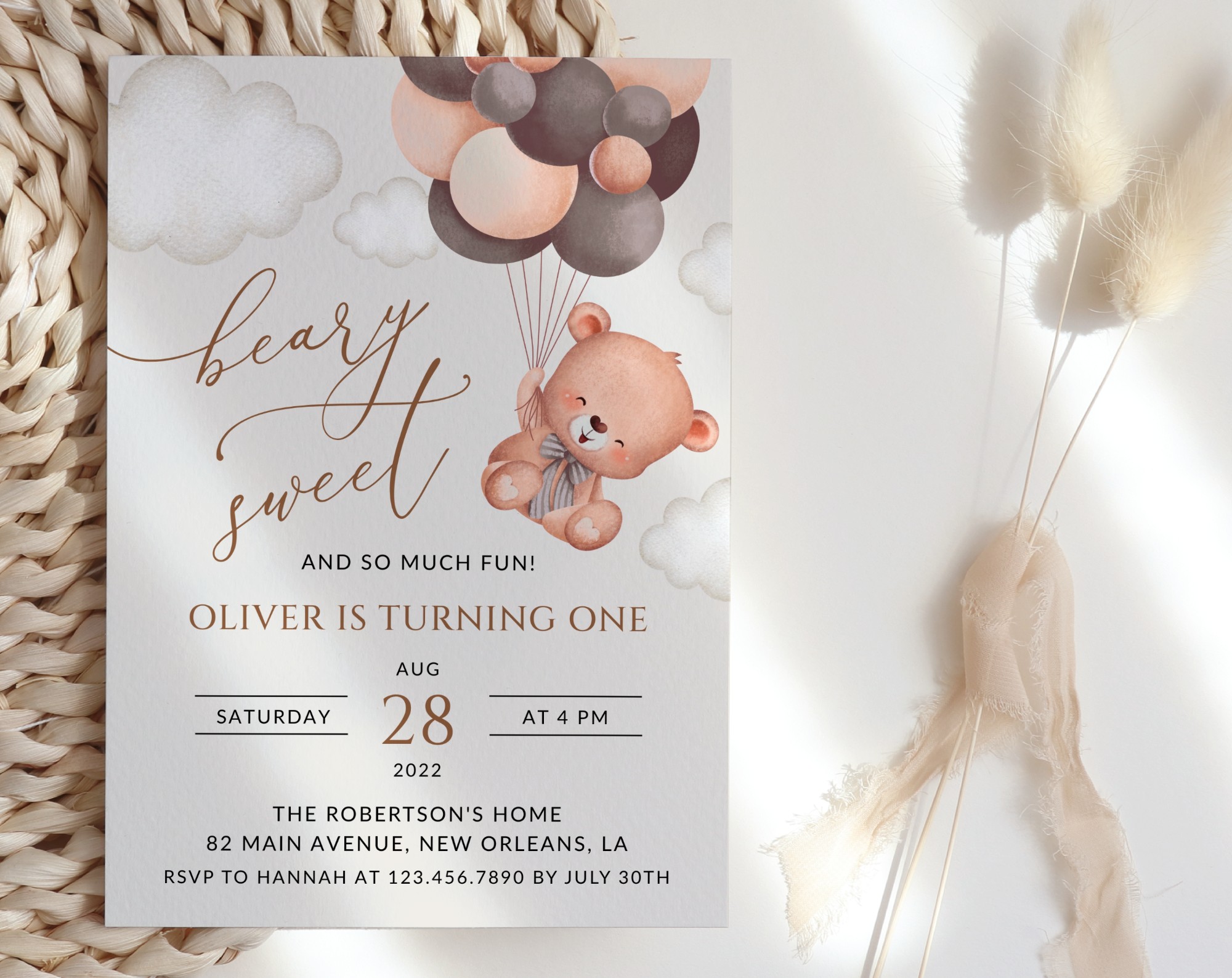 Baby Bear with Brown Balloons First Birthday Invitation, Birthday Stationery, Boy Birthday, Printable File, Edit Yourself, SH78 Baby Bear with Brown Balloons First Birthday Invitation, Birthday Stationery, Boy Birthday, Printable File, Edit Yourself, SH78
